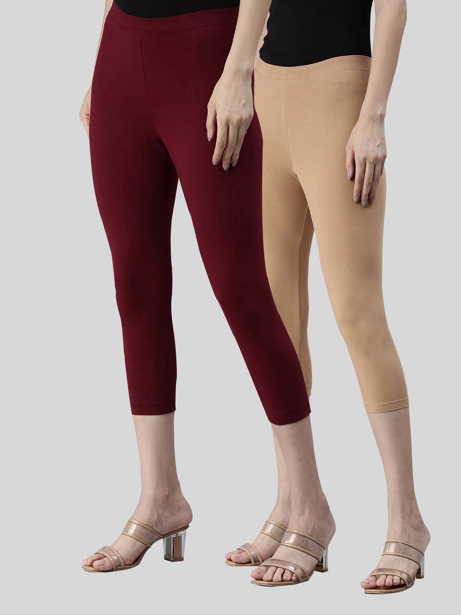 Kryptic Maroon & Beige Cotton Soild Crop Length Leggings - Pack Of 2