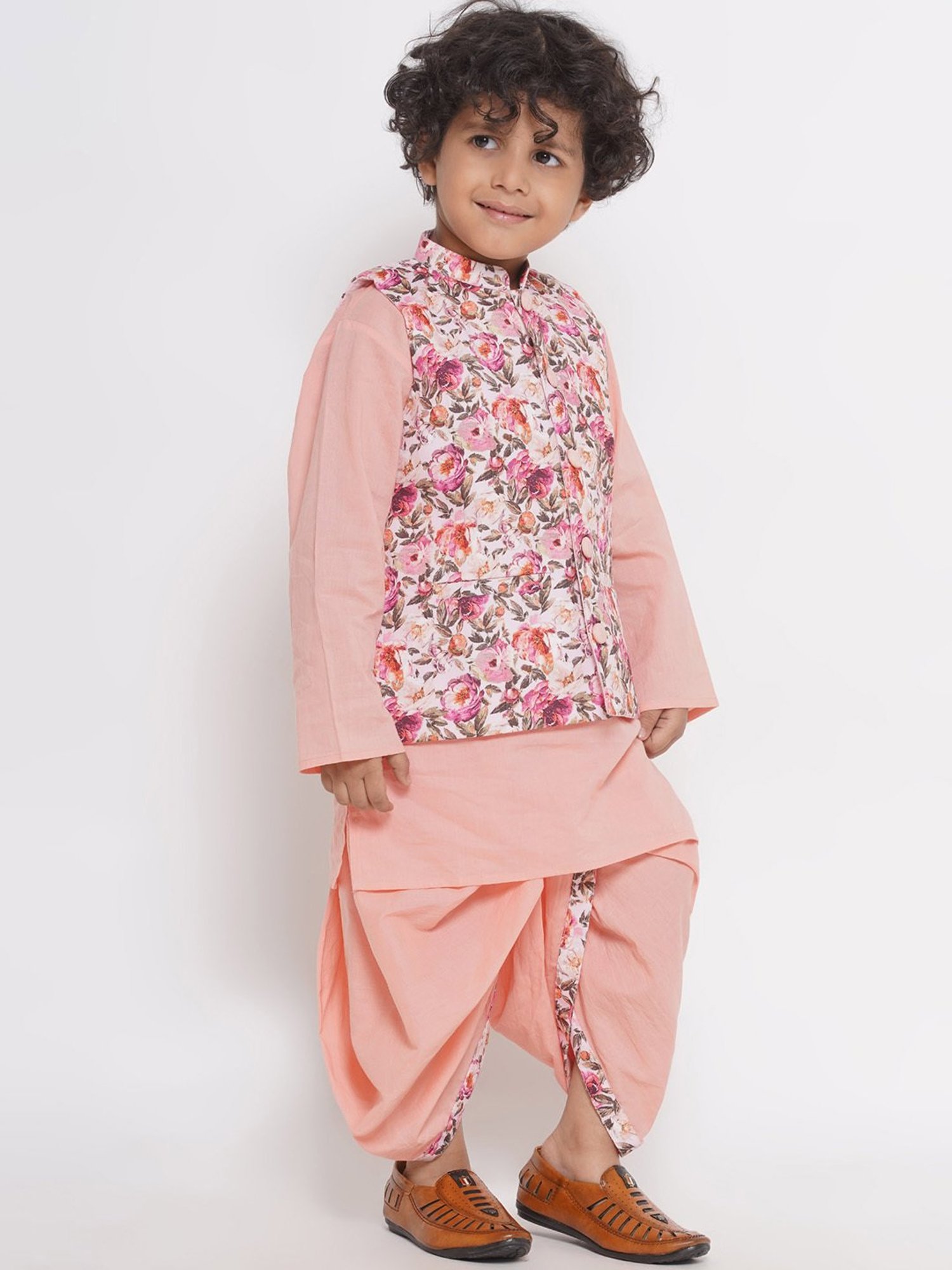 Little Bansi Kids Peach Floral Print Full Sleeves Kurta, Dhoti with Jacket