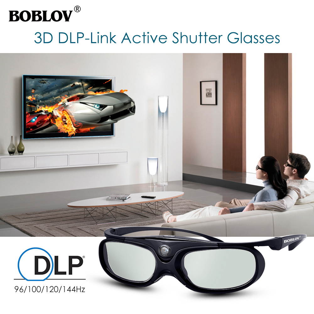 BOBLOV JX-30 3D Active Shutter Glasses DLP-Link 96Hz/144Hz USB Rechargeable Home Theater Black For BenQ Dell Acer Optama Sony Projector BLACK