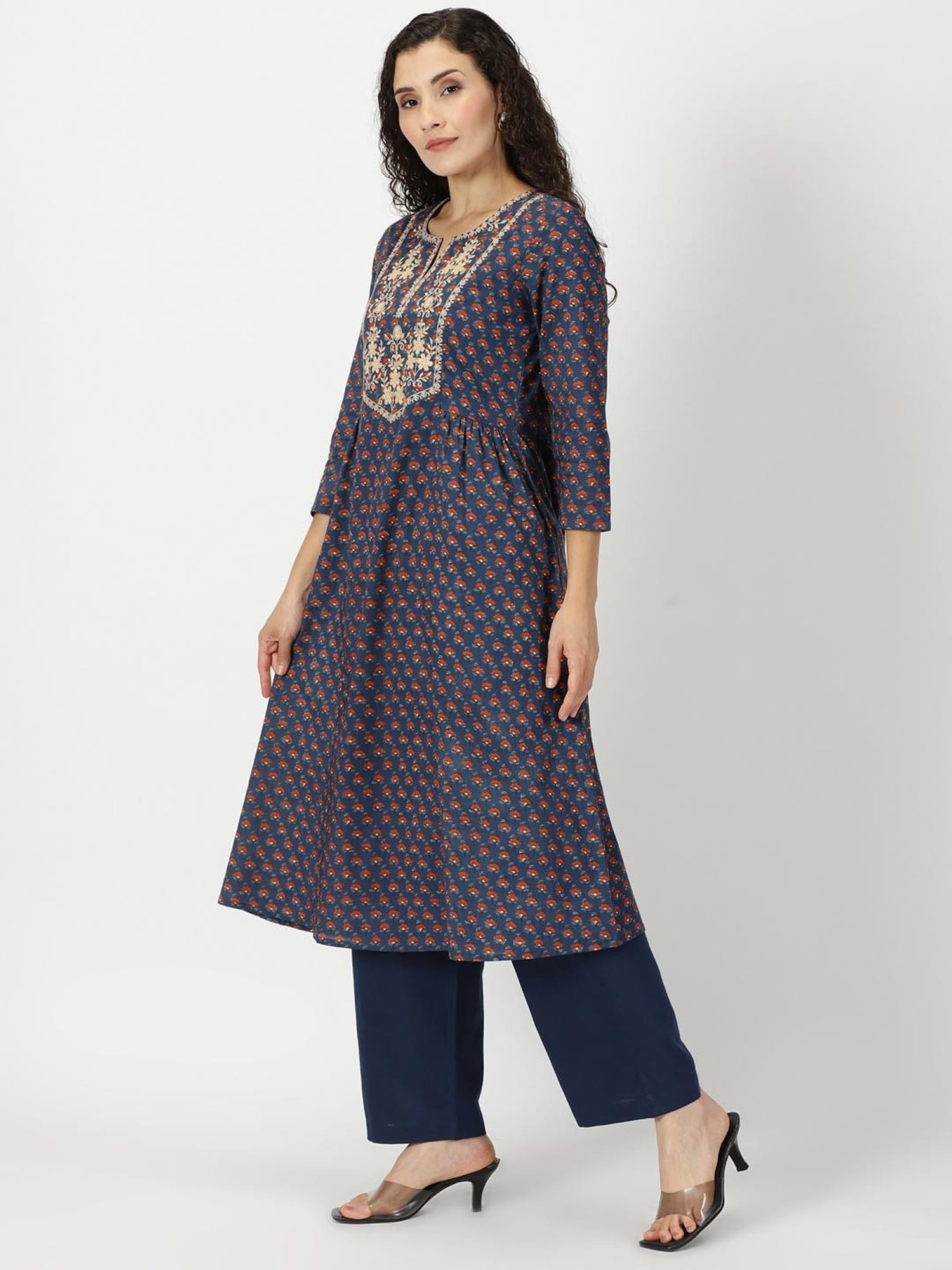 Saffron Threads Blue Cotton Floral Print A Line Kurta