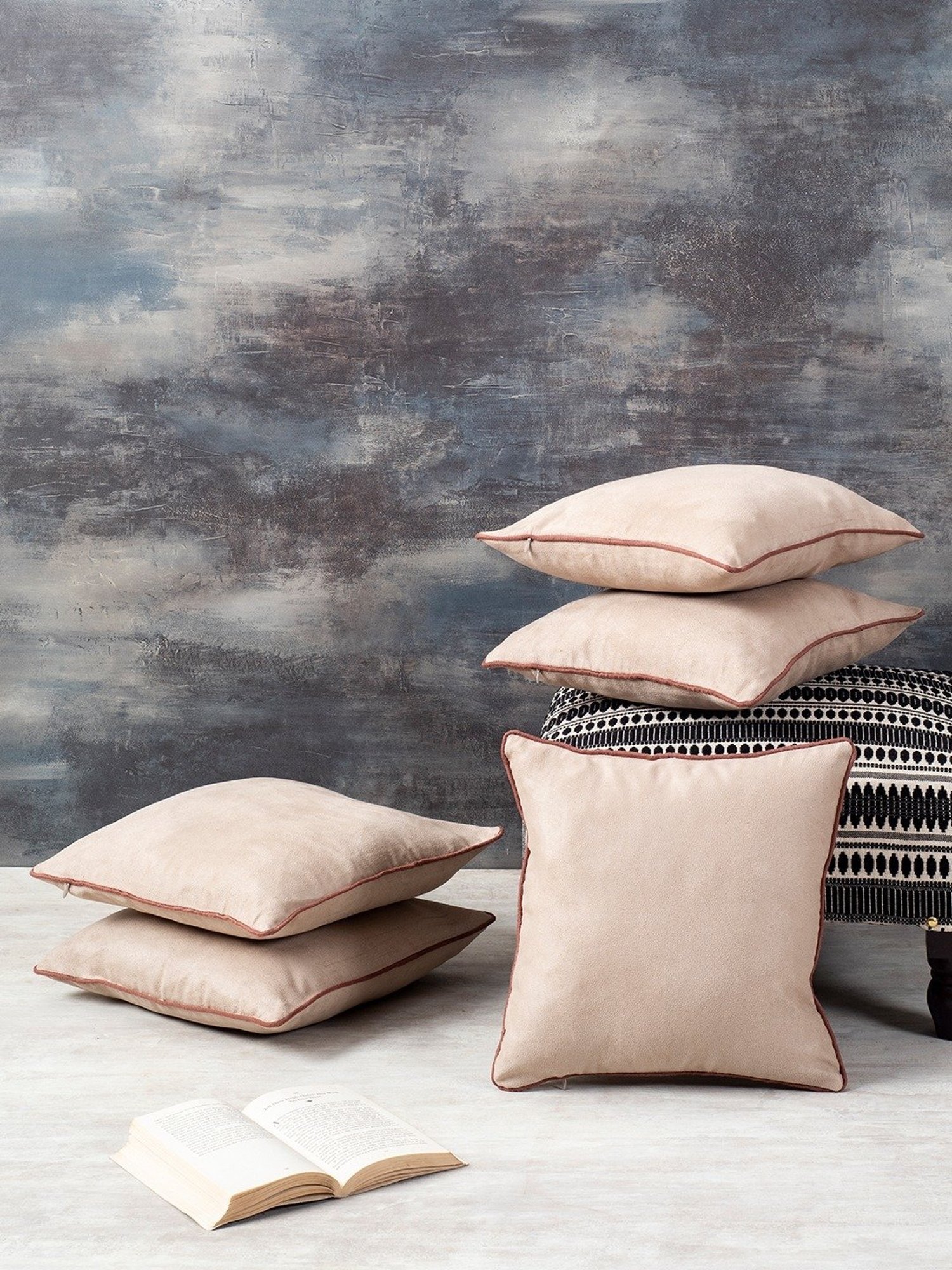 Nestroots Solid Beige Silk Cushion Covers - Set of 5