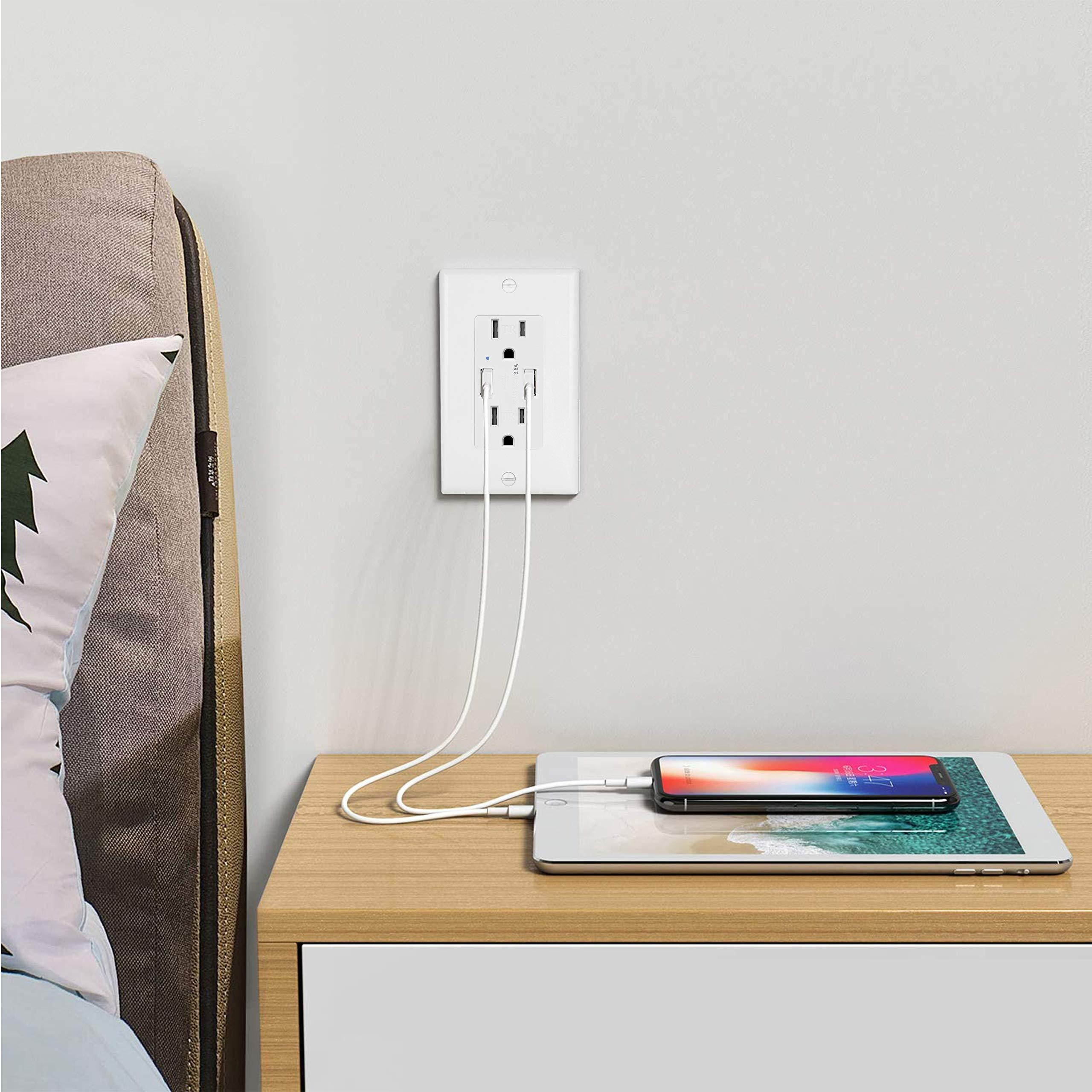 [10 Pack] BESTTEN 3.6A Dual USB Wall Outlet, 15A/125V/1875W, Tamper Resistant Receptacle, Ideal to Charge Smartphone, Tablet and Other USB Device, UL Listed, White