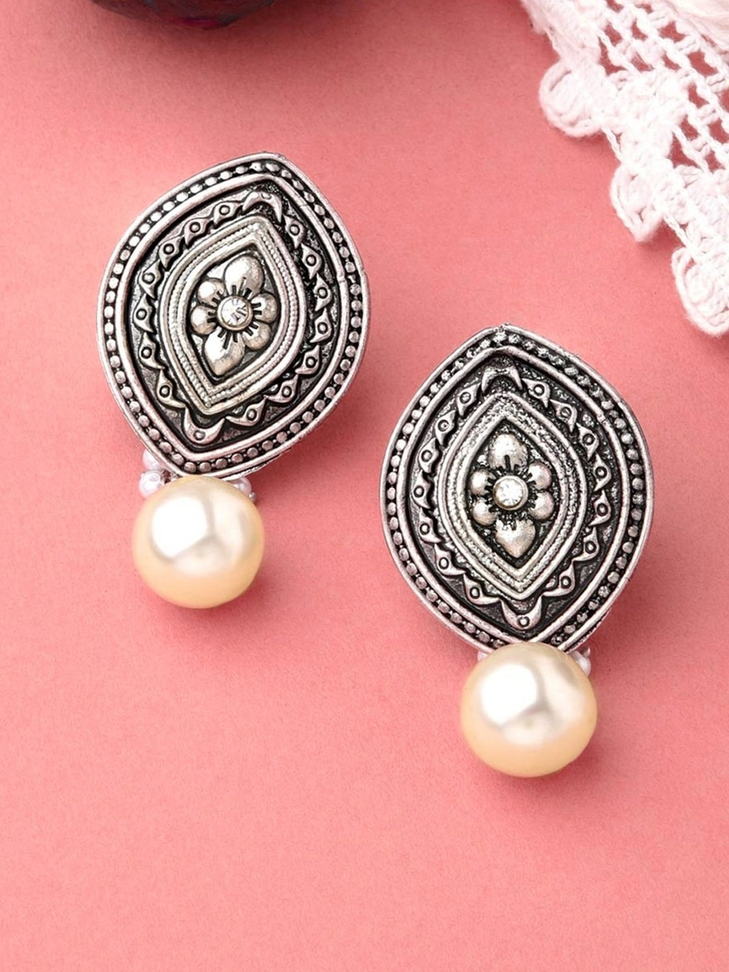 Oomph Jewellery Oxidized Silver Ethnic Silver Look Alike Marquise Shape with Pearl Drop Earrings