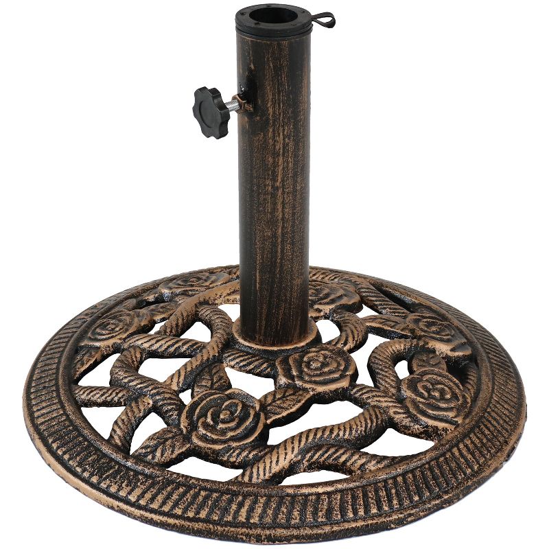 Sunnydaze Outdoor Heavy-Duty Cast Iron Decorative Rose Blossom Design Patio Yard Round Umbrella Base Stand - 16" - Bronze