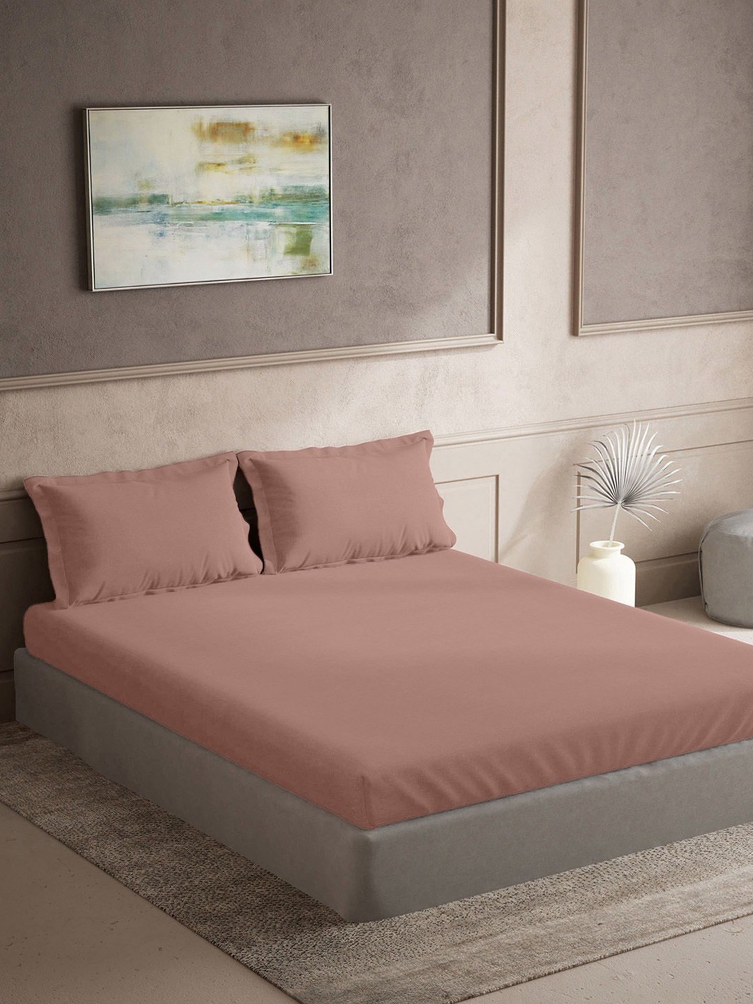 TARA Sparkling Homes Beige 300 TC Cotton King Bedsheet With 2 Pillow Covers