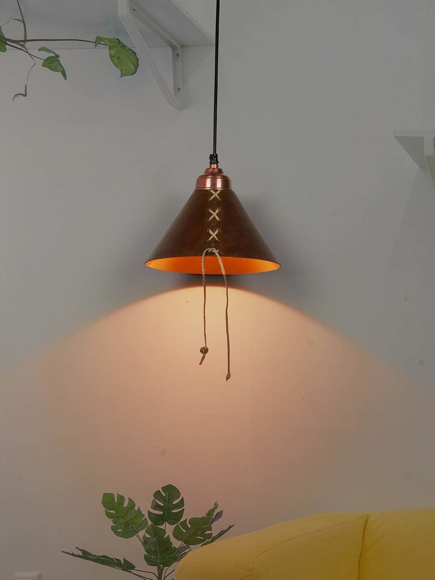 Fos Lighting Conical Brown Leather Hanging Pendant Light - Set of 1