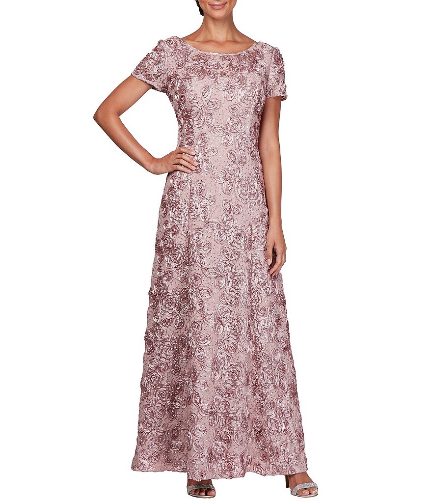 Alex Evenings Sequined-Lace Rosette-Rose Gown