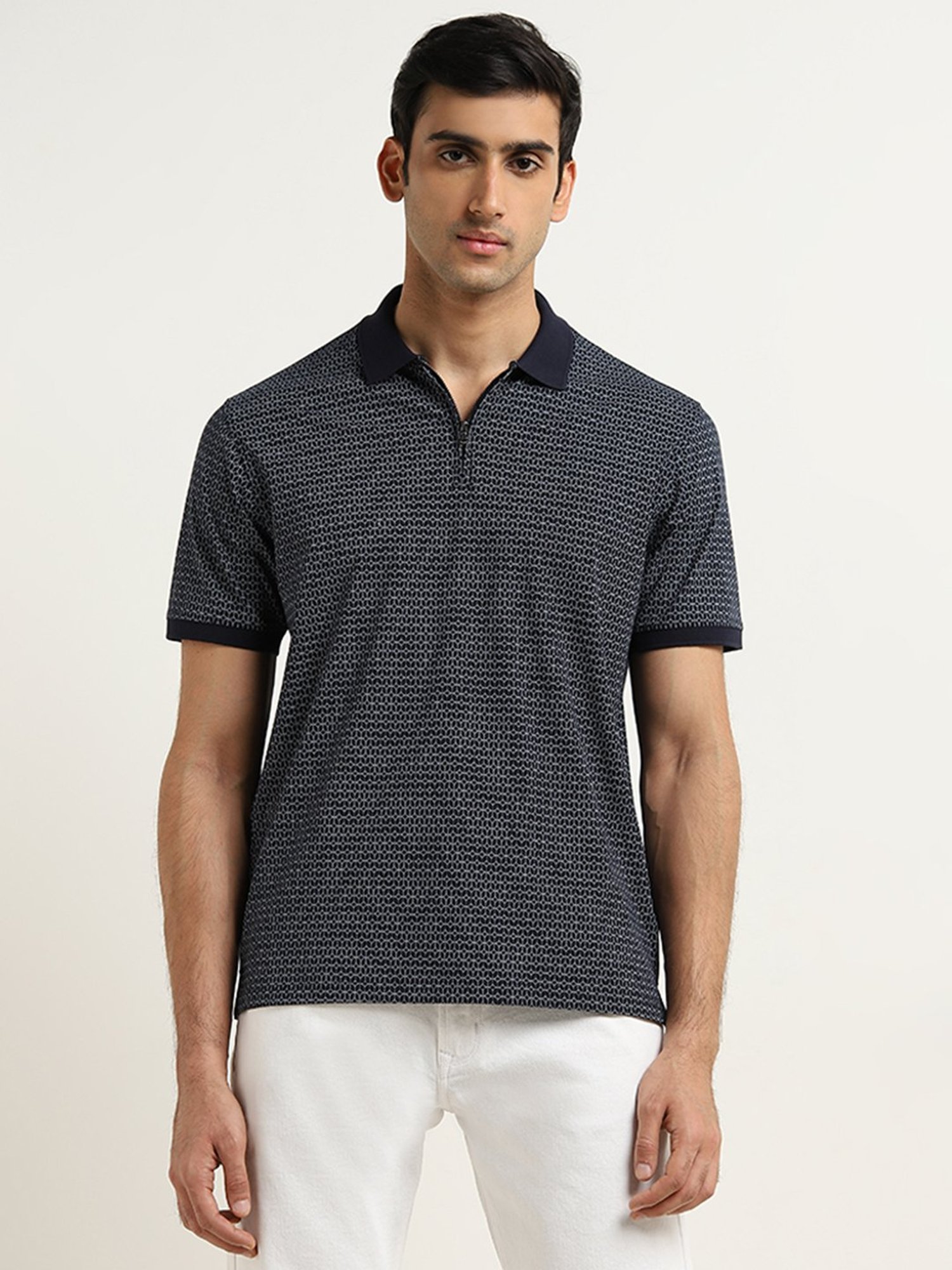 Ascot by Westside Navy Geometric Relaxed-Fit Polo Cotton Blend T-Shirt