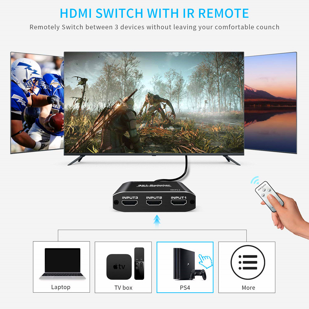 HDMI Switch 4K HDMI Splitter, Nurbenn Aluminum HDMI 2.0 Switch 3 in 1 Out, HDMI Switch with IR Remote Control, Supports HDCP 2.2 4K@60Hz HDR 3D HD1080P, HDMI Switcher for PS4 Xbox Apple TV Fire Stick
