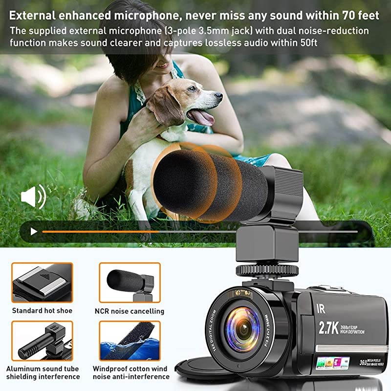 Camera Camcorder 27K Vlogging Camera for YouTube Ultra HD 24FPS 36 MP IR Night Vision 16X Digital Zoom 30 Touch Screen Camera with Microphone Handheld Stabilizer Lens Hood