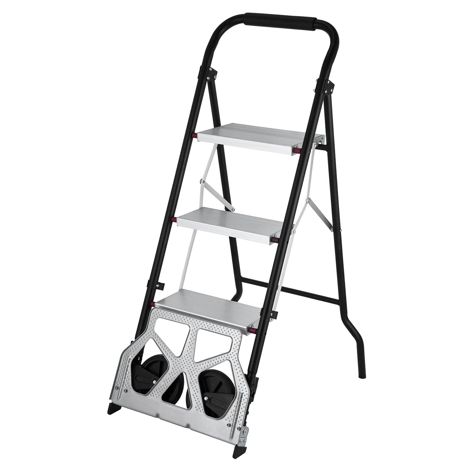 VEVOR 3-Steps Ladder Cart 2-in-1 Convertible Step Ladder Folding Hand Truck with Trolley