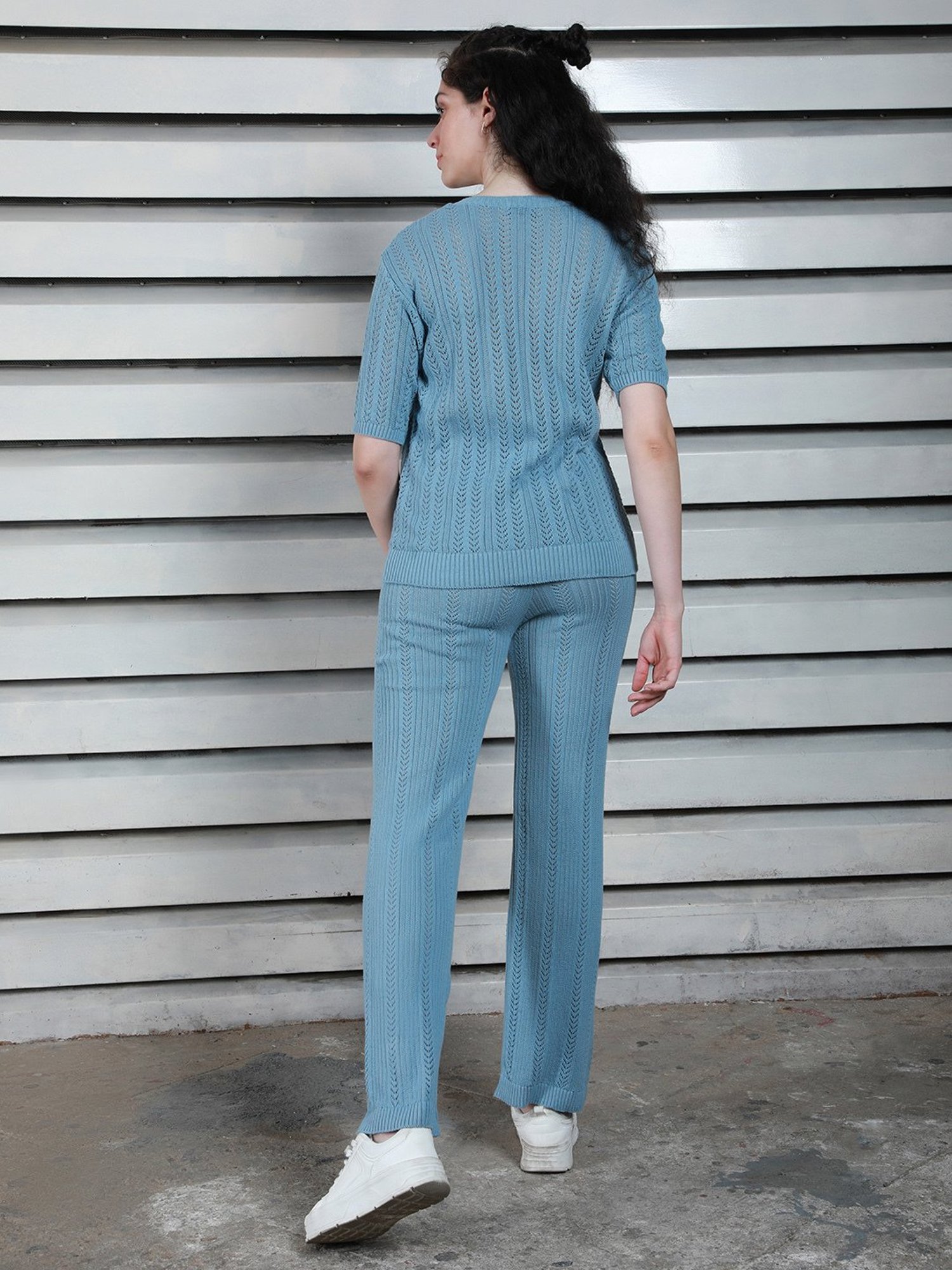 High Star Blue Cotton Self Design Top With Pants