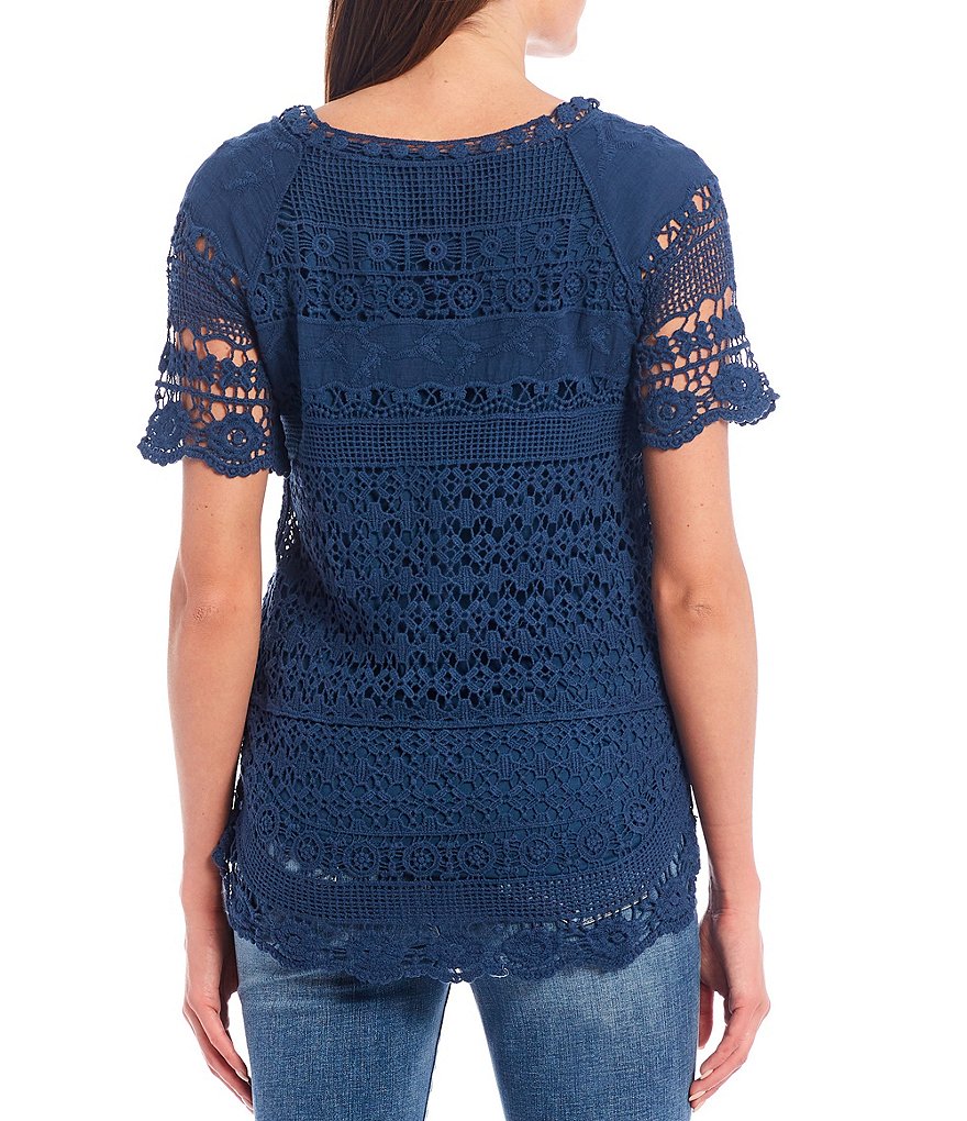 One World Apparel Lace Scoop Neck Short Sleeve Scalloped Trim Top