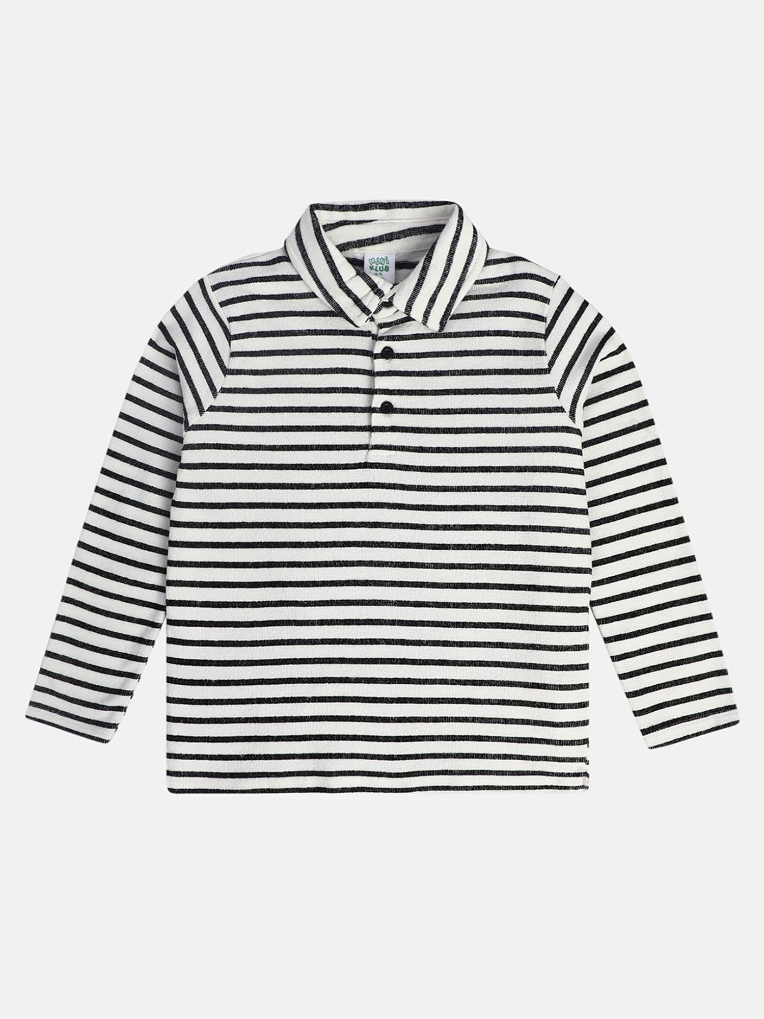 MINIKLUB Boys Black & White Striped Full Sleeves Polo T-Shirt