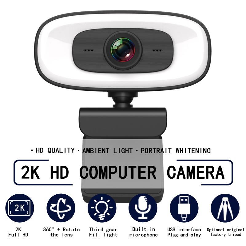 Webcam, 2K HD Without Distortion 360 Degrees Rotate Three-speed Fill Light USB Free Drive Webcams, Built-in Clear Sound Microphone