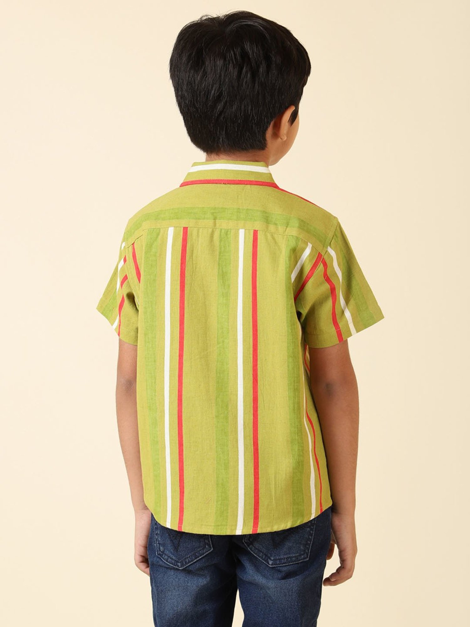 Fabindia Kids Green Striped Shirt