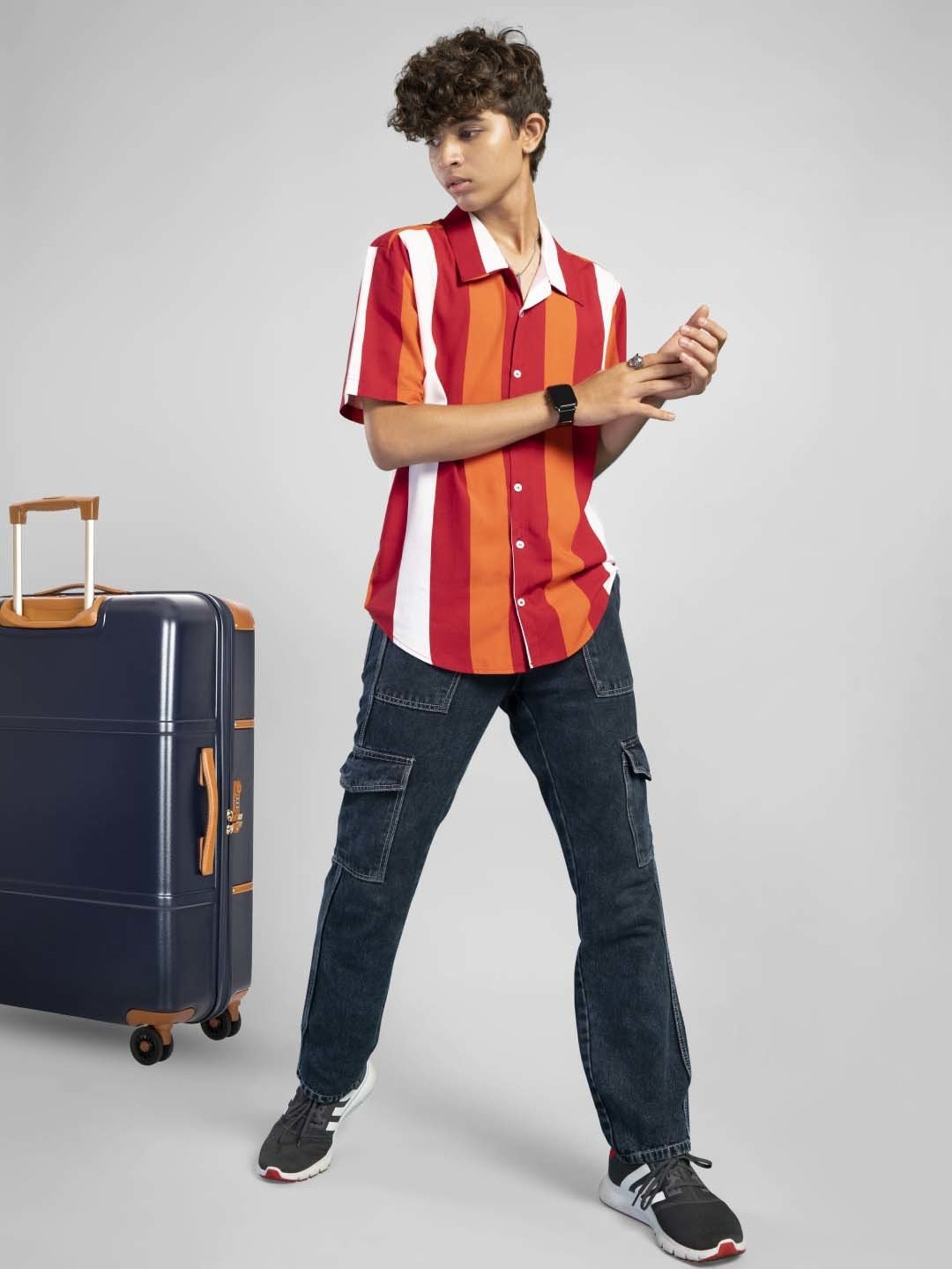 TeenTrums Kids Red & White Cotton Striped Shirt