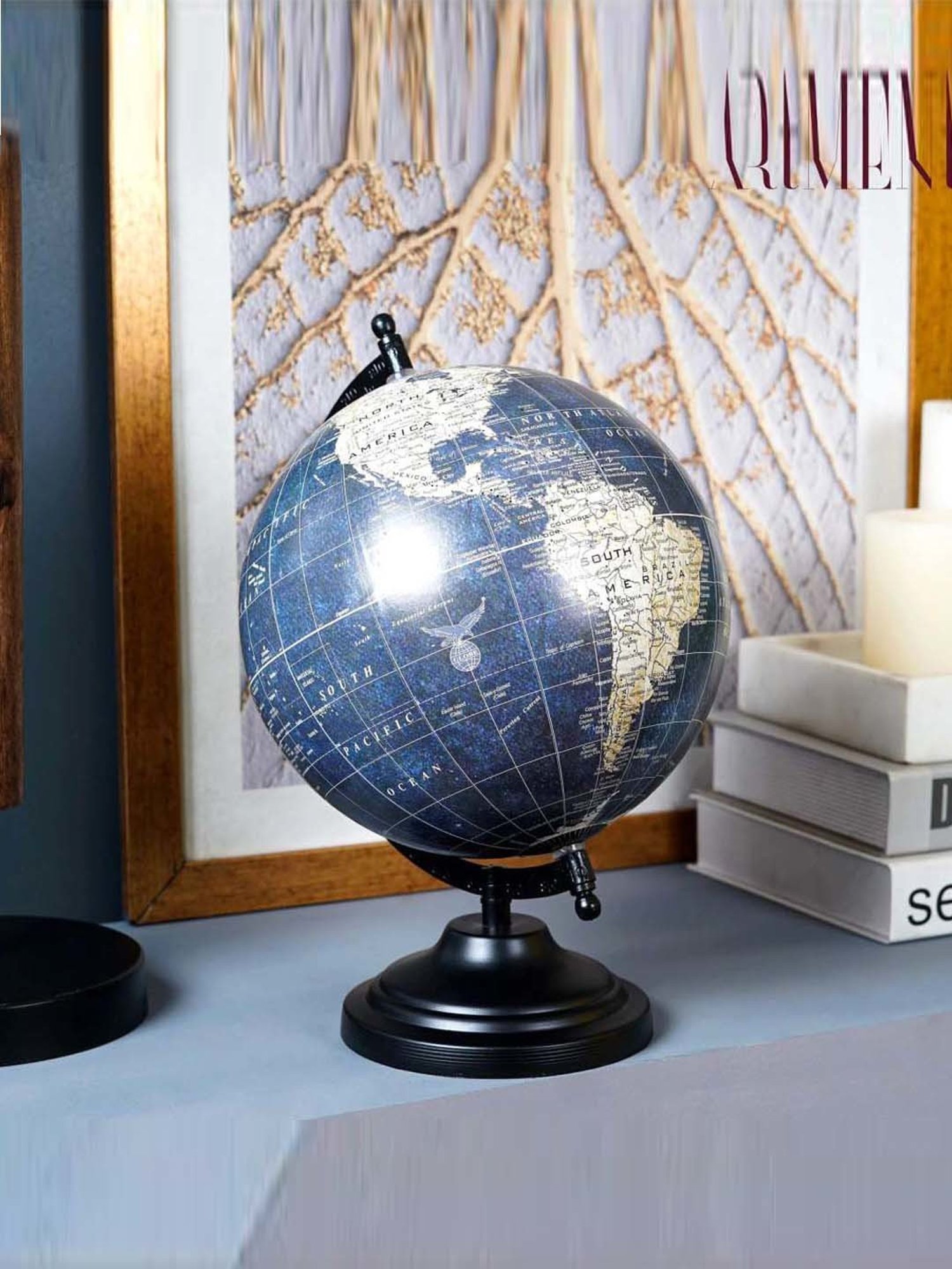 The Artment Minimal Nautical Navigator Blue & Black Metal Medium Globe for Study Table