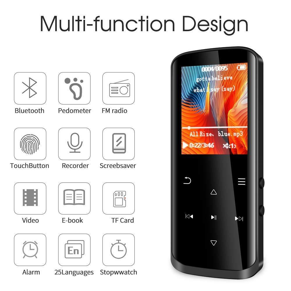 Mp3 Player,16GB Mp3 Player with Bluetooth,Built-in Speaker,Portable HiFi Lossless Sound Music Player with FM Radio Voice Recorder Touch Button with Screen Support up to 128GB(Black)