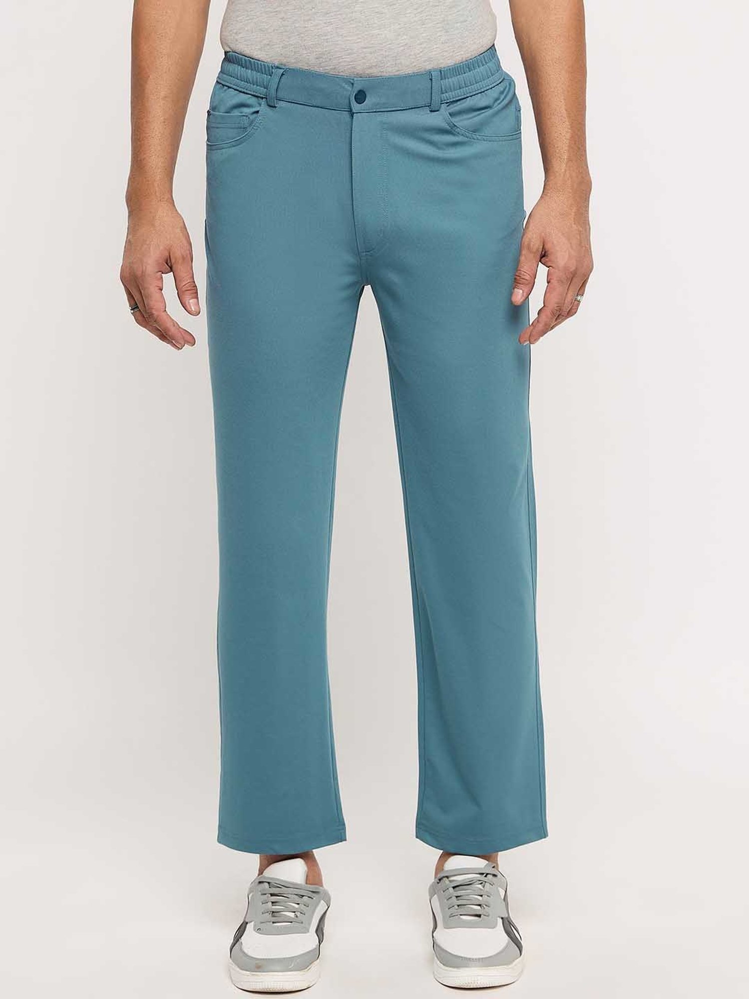 Okane Mid Blue Regular Fit Flat Front Trousers