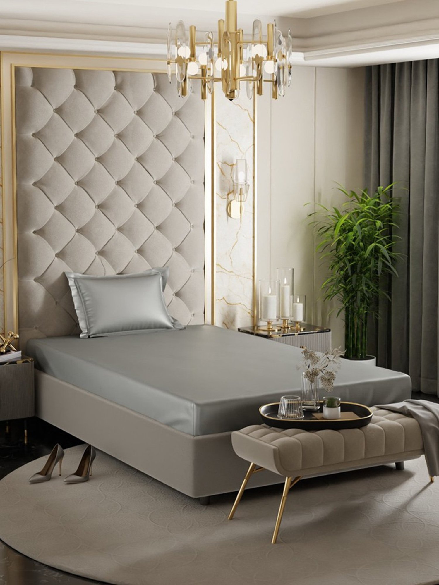 Stoa Paris Grey 300 TC Polyester Single Fitted Sheet with 1 Pillow Cover