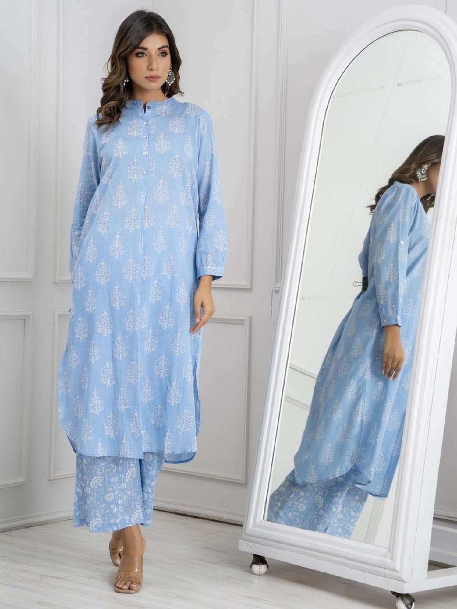 Ekohum Blue Cotton Printed Loose Fit Up-Down Kurta with Pant Co-Ord Set