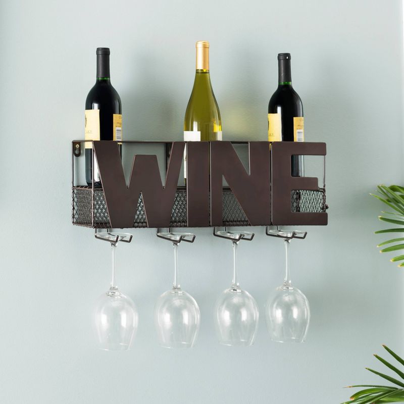 Metal Wall Mount Wine Bottle and Long Stem Glass Rack Brown - Danya B.