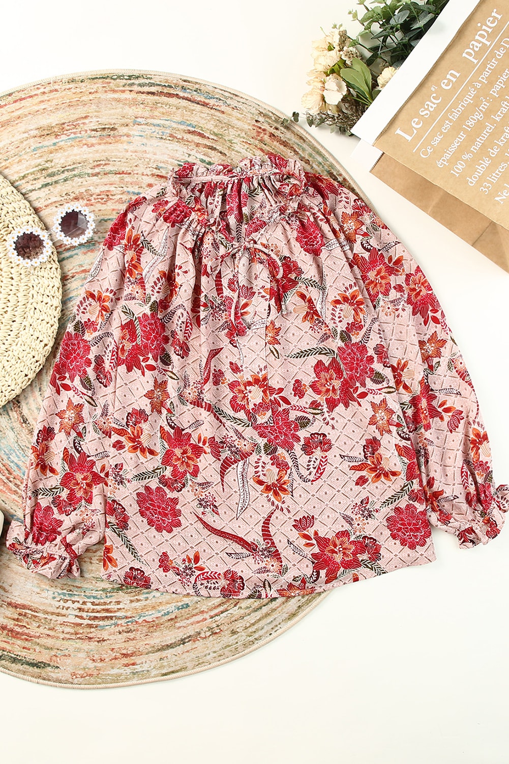 One World Apparel Jacquard Square Neck Short Sleeve Ivory Multi Floral Print Top