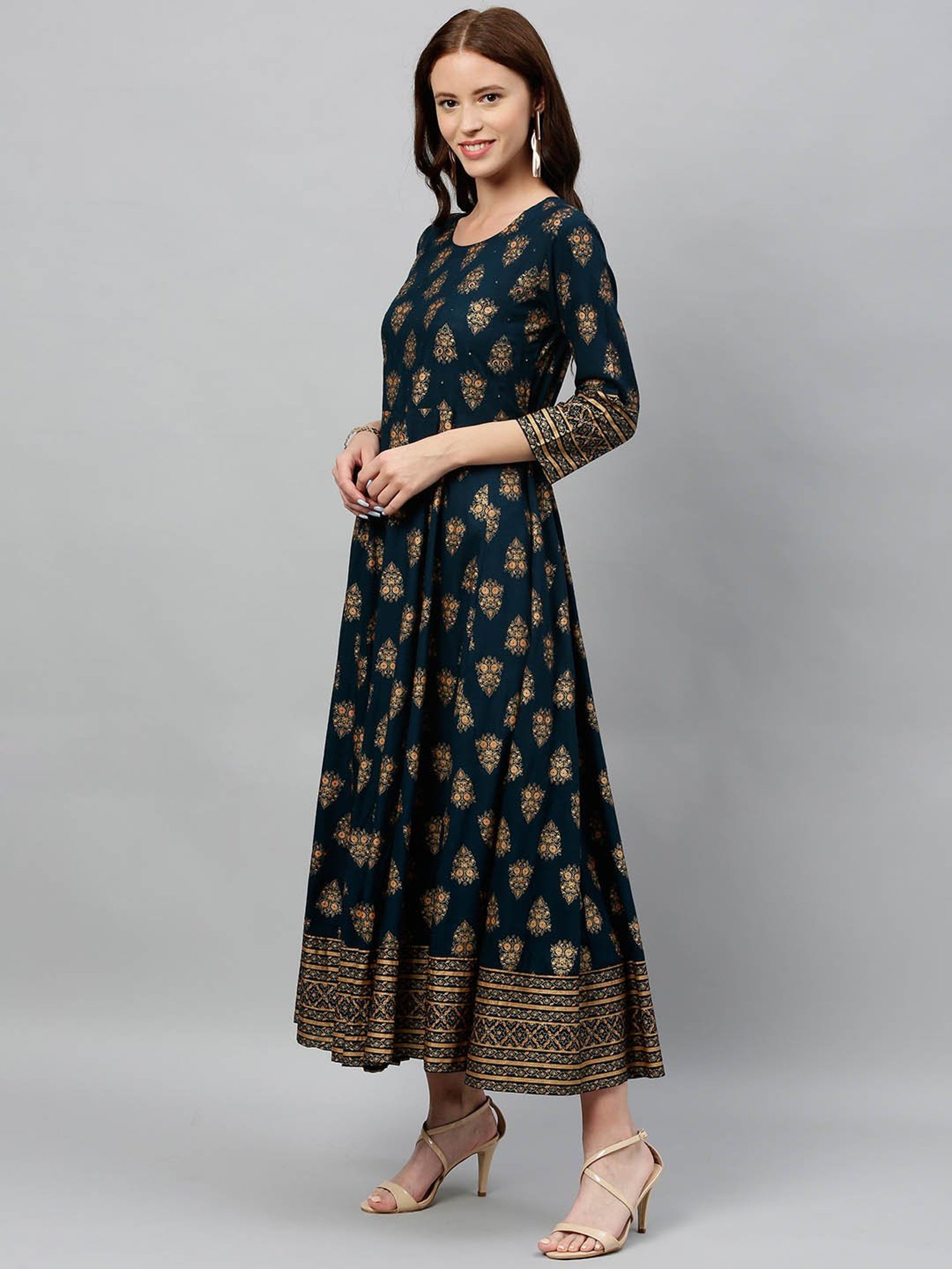 Kipek Teal Rayon Printed Anarkali Kurta with Dupatta