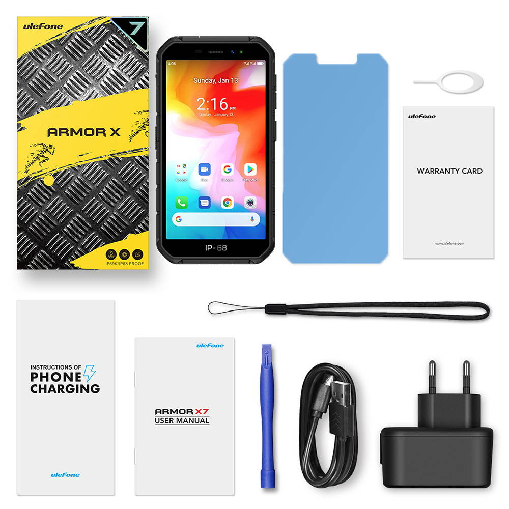 Ulefone Armor X7 Android 10 Rugged Phones, 13MP + 5MP Waterproof Cameras, IP68 Smartphone, NFC, OTG, 4G Dual Sim, 5.0 Inch Screen, 2G RAM 16GB ROM, 4000mAh Battery, GPS, Bluetooth, WIFI