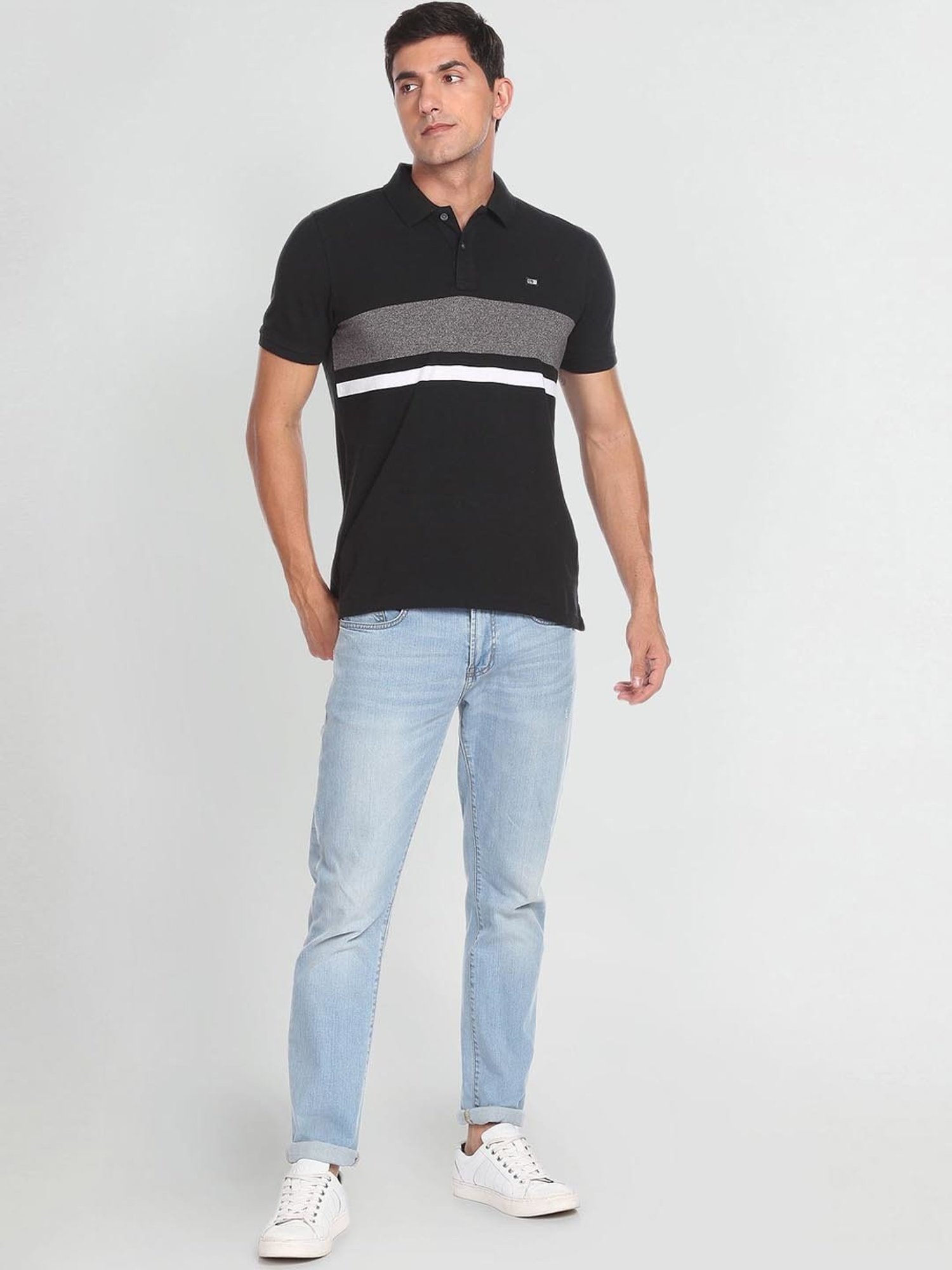 Arrow Sport Black Cotton Regular Fit Striped Polo T-Shirt