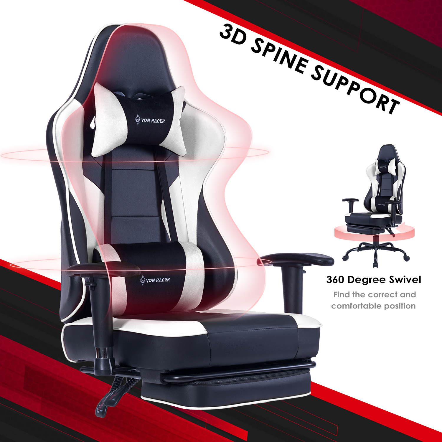 VON RACER Massage Gaming Chair - High Back Racing PC Computer Desk Office Chair Swivel Ergonomic Executive Leather Chair with Footrest and Adjustable Armrests(Grey)