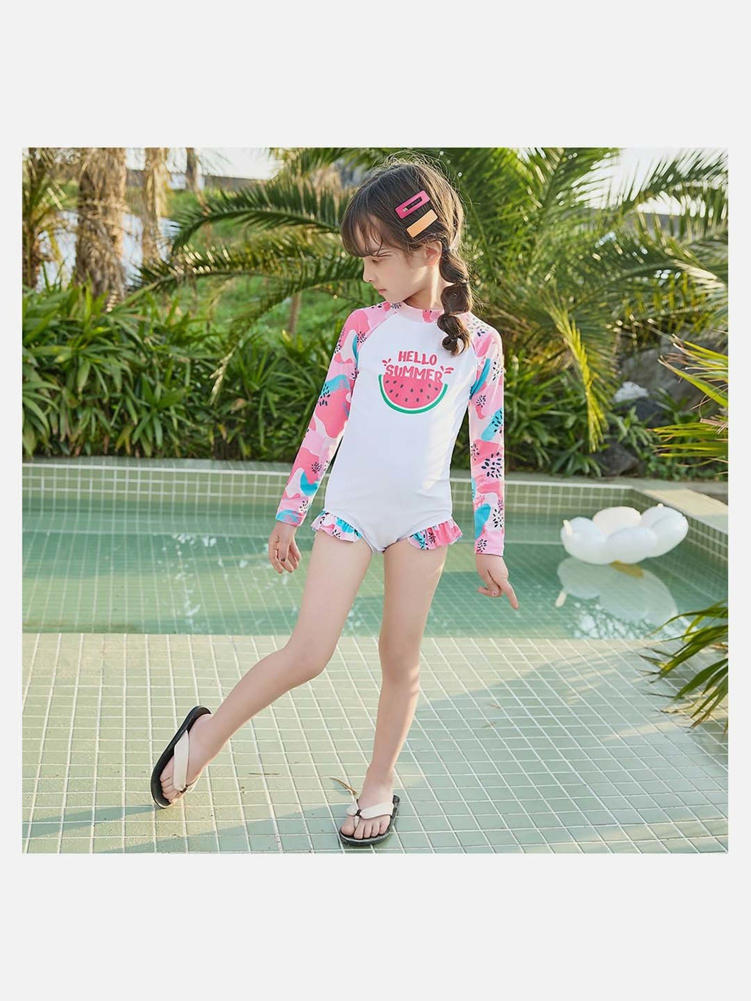 Little Surprise Box Kids Pink & White Watermelon Printed Full Sleeves Swimsuit