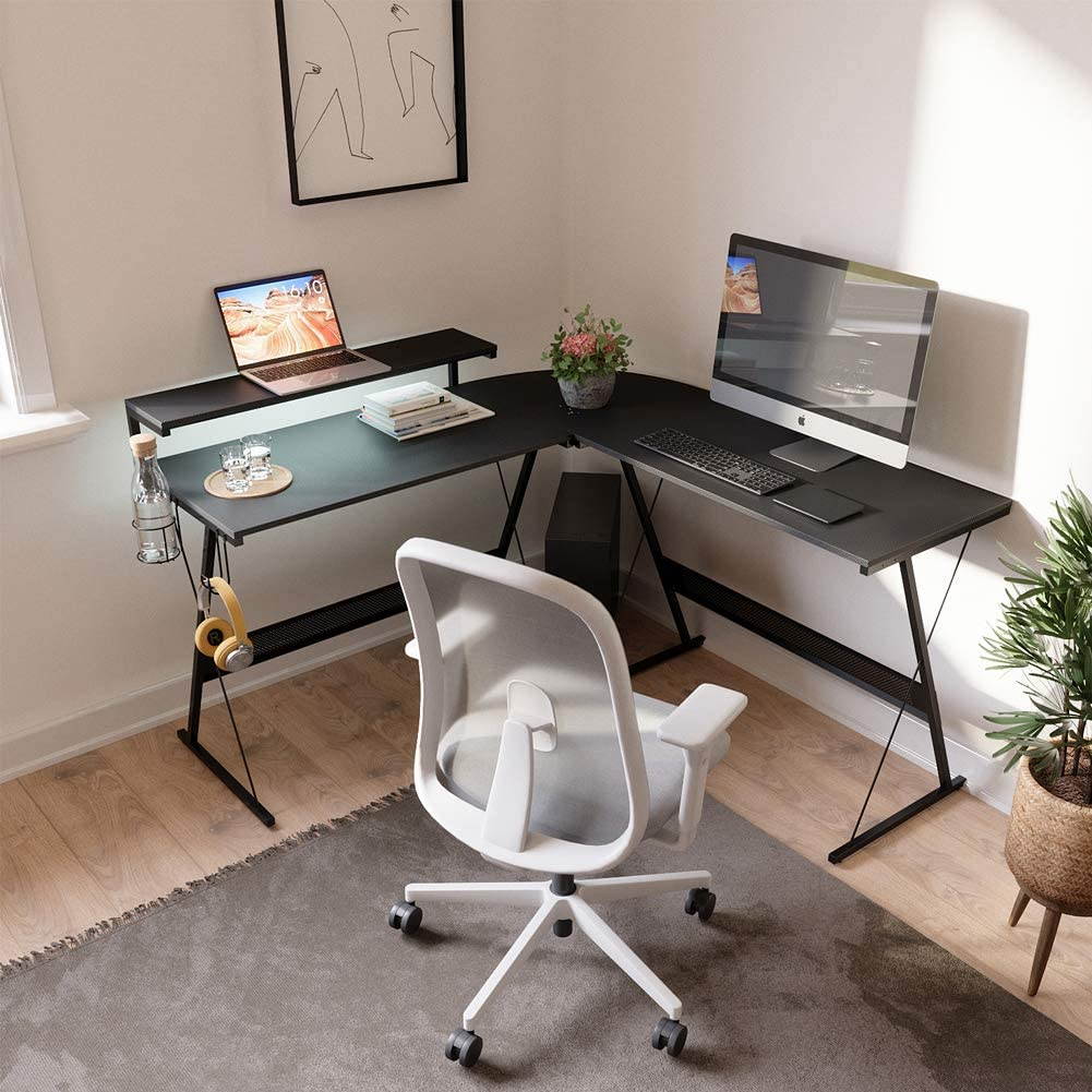 Bestier 55.2" Gaming Desk Racing Style PC Computer Desk L-Shaped Desk Corner Home Office Table with Ergonomic Monitor Stand & RGB Strip Light & Multifunctional Hook (Black Carbon Fiber)