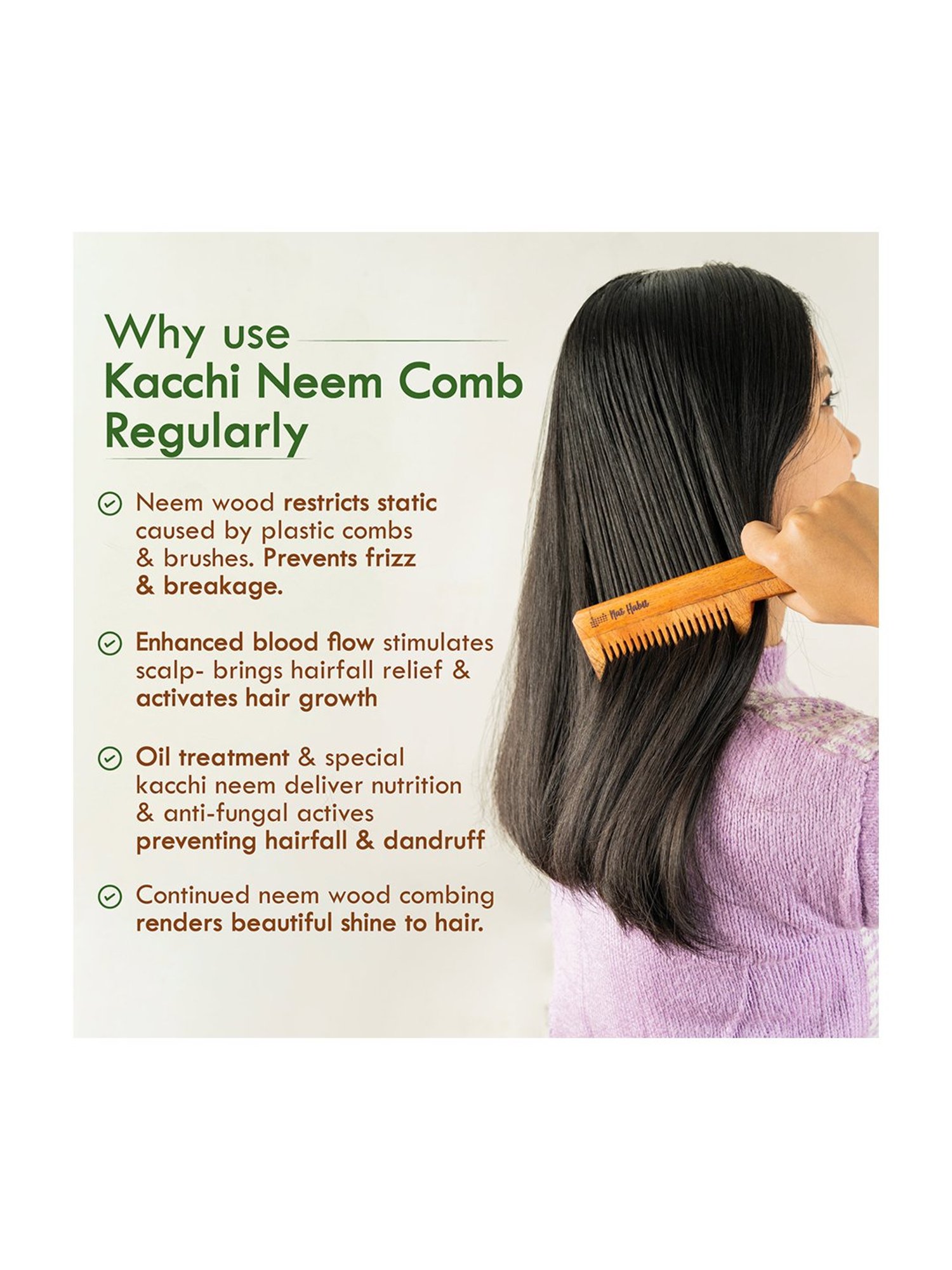 Nat Habit Fine & Dual Tooth Oil Treated Kacchi Neem Comb Combo