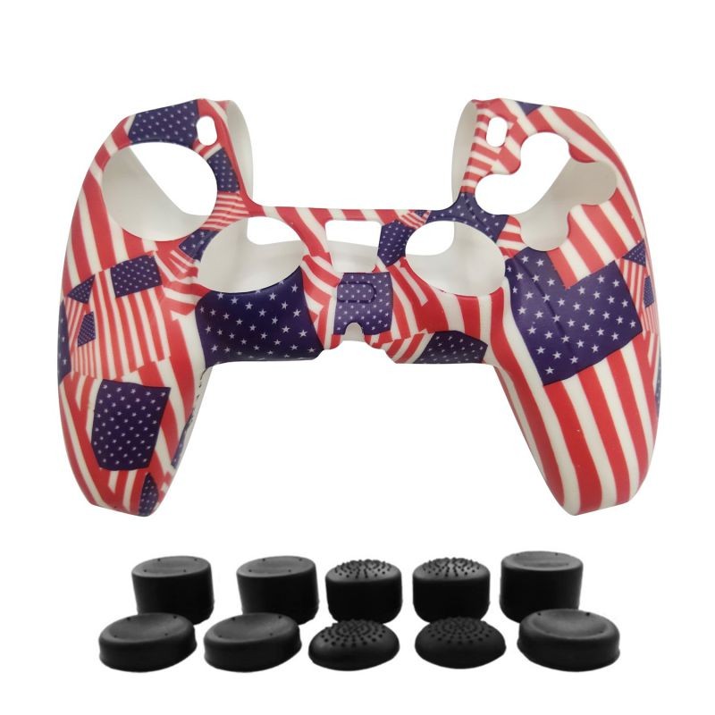 PS5 Controller Cover Skin Case + 8 Thumb Grips Set Compatible with Sony Playstation 5 - Protective Silicone Gel Shell & Anti-slip Stick Caps Accessories for Video Games Gamepad (US Flag)