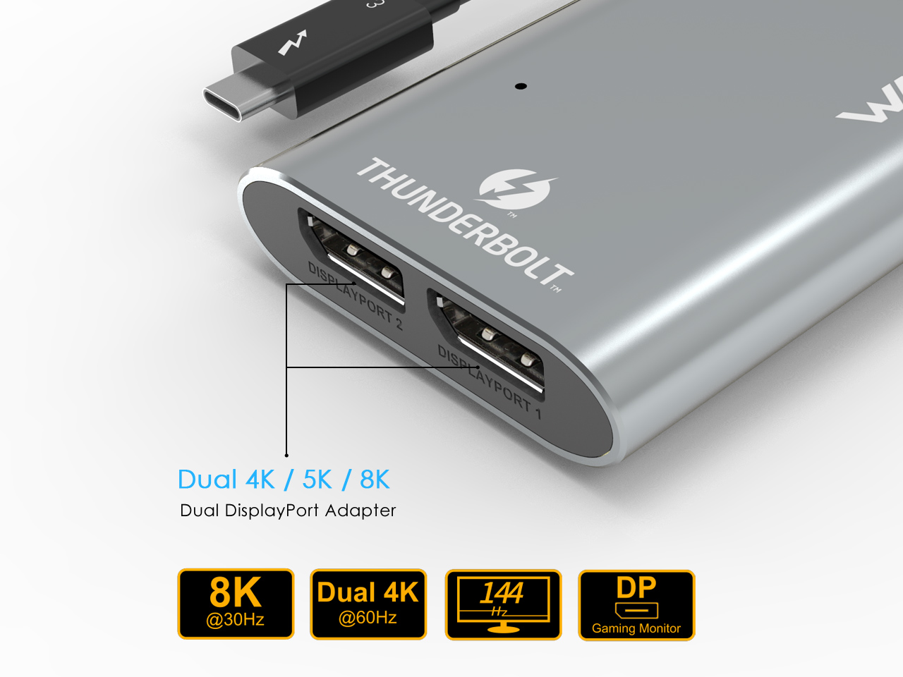 ?Intel Certified?Wavlink Thunderbolt 3 to Dual DisplayPort 8K Adapter, Support up to 8K(7680 x 4320) @30Hz, Dual4K@60Hz, or FHD@144KHz Resolution, Up to 40Gbps Compatible with Mac and Windows Systems