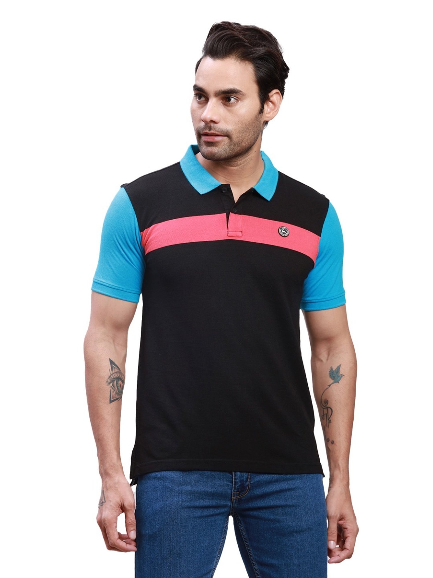 Parx Black Cotton Regular Fit Colour Block Polo T-Shirt