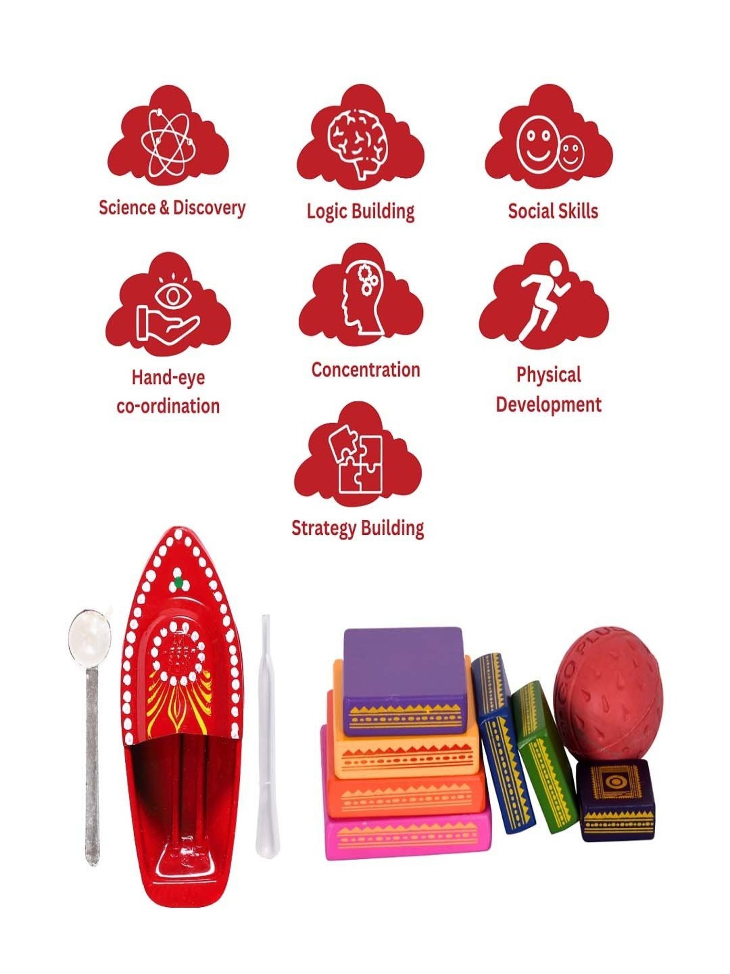 Desi Toys Kids Multicolor Wooden Steam Boat & Seven Stones Set