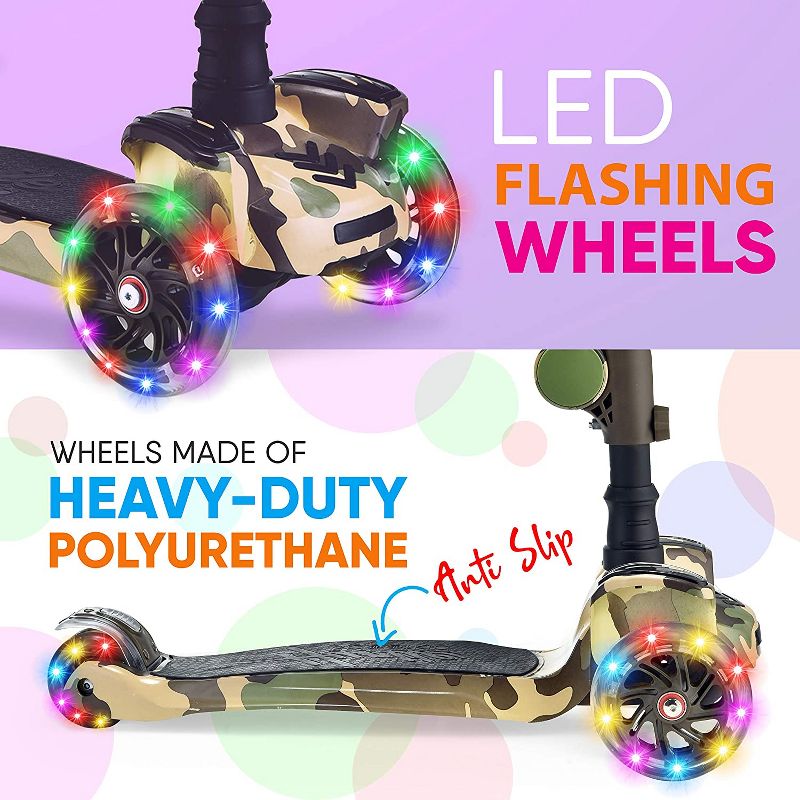 Hurtle ScootKid 3 Wheel Child Toddler Toy Scooter with LED Wheel Lights and Adjustable Height for Ages 1 to 14 Years Old, Camo