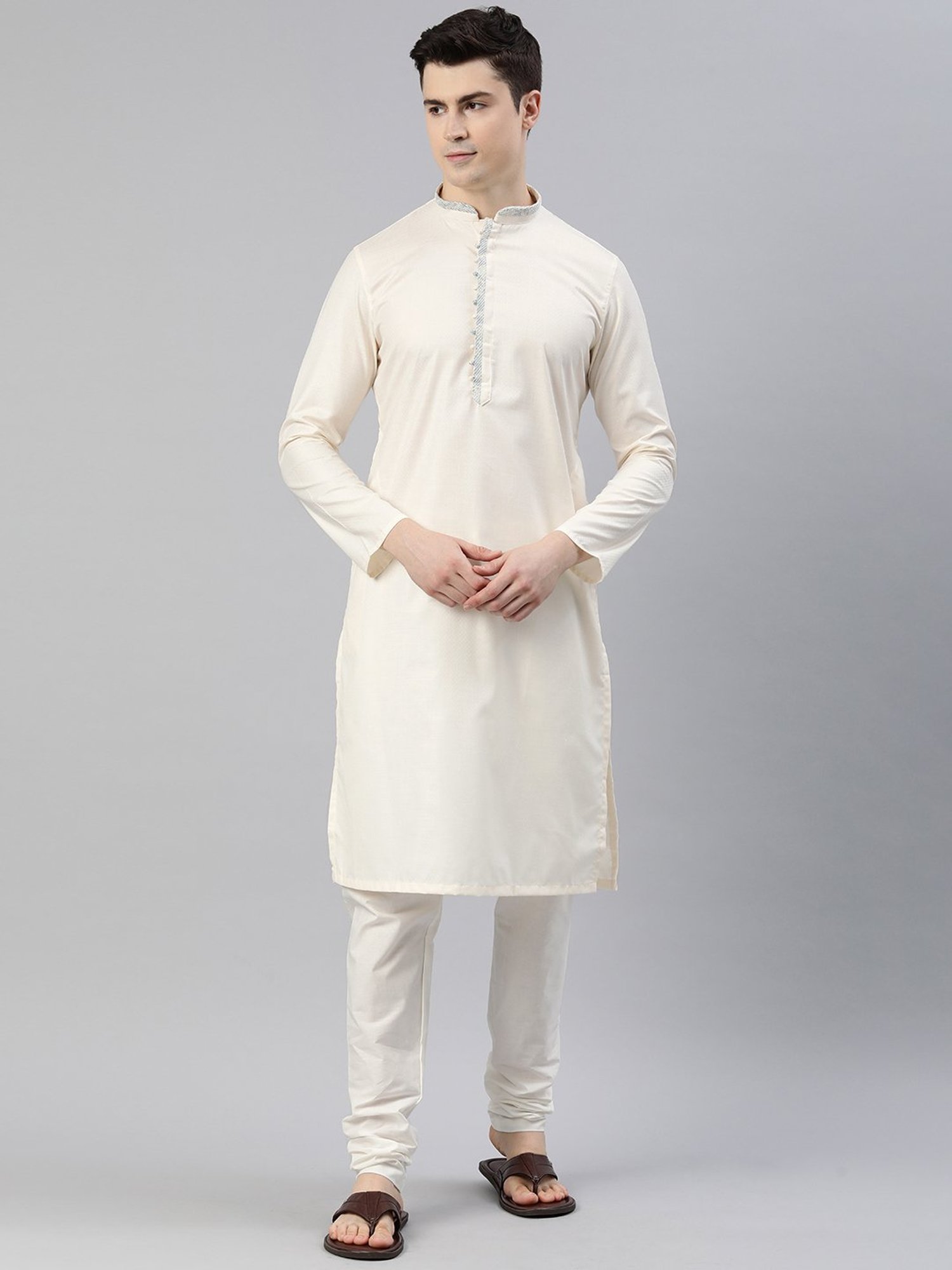 Manthan Cream Regular Fit Self Design Kurta & Pyjamas Set