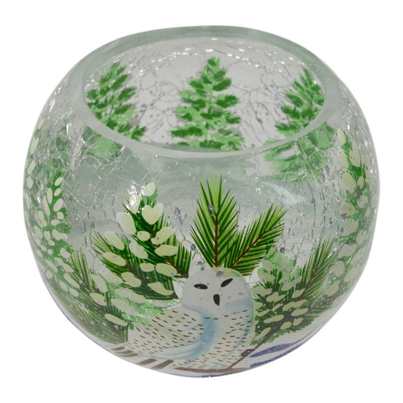 Northlight 4" Hand Painted Owl and Pine Trees Glass Tealight Christmas Candle Holder