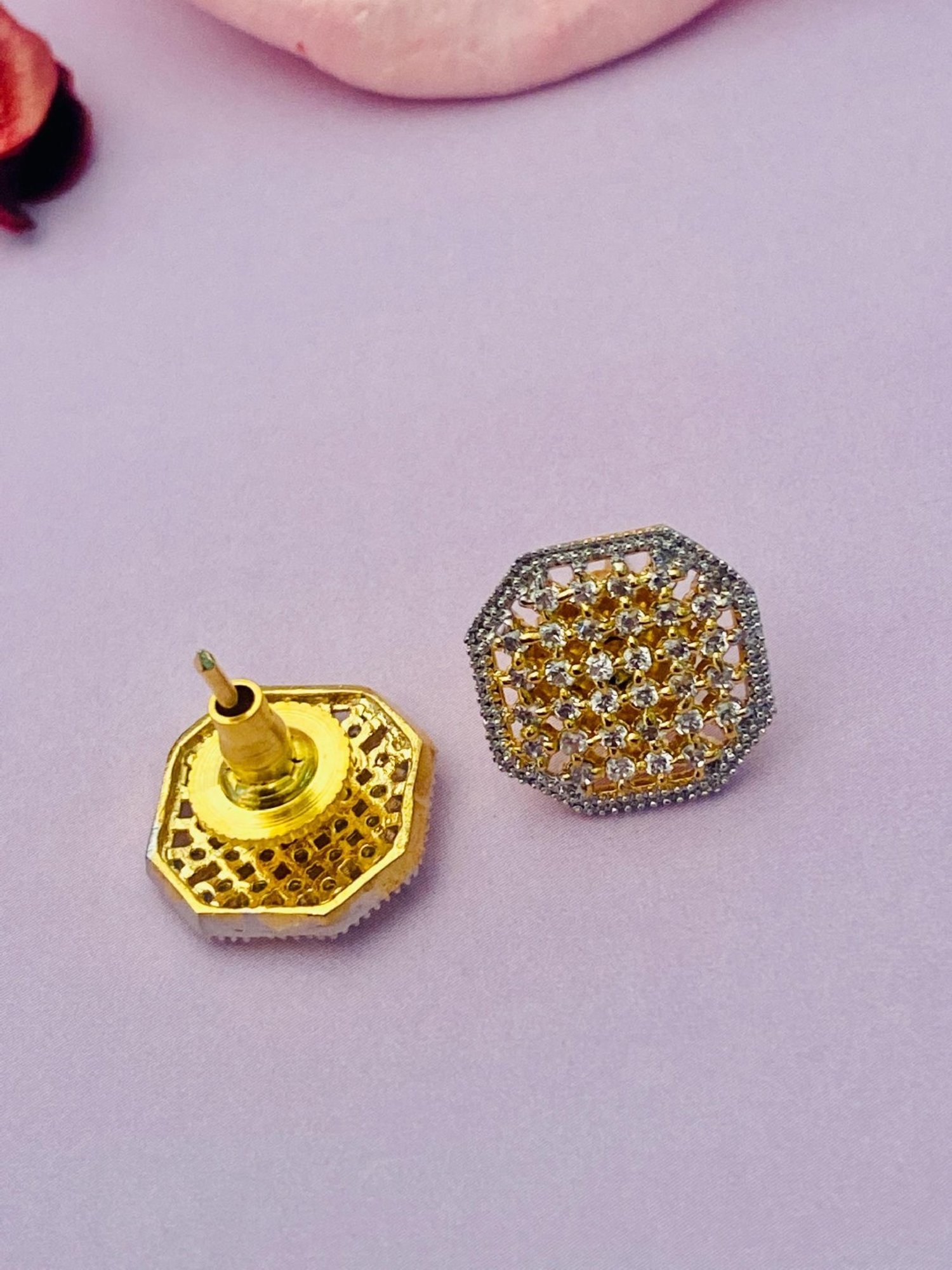 Abdesigns Gold-PlatedHexagon Diamond Cluster Stud Earrings