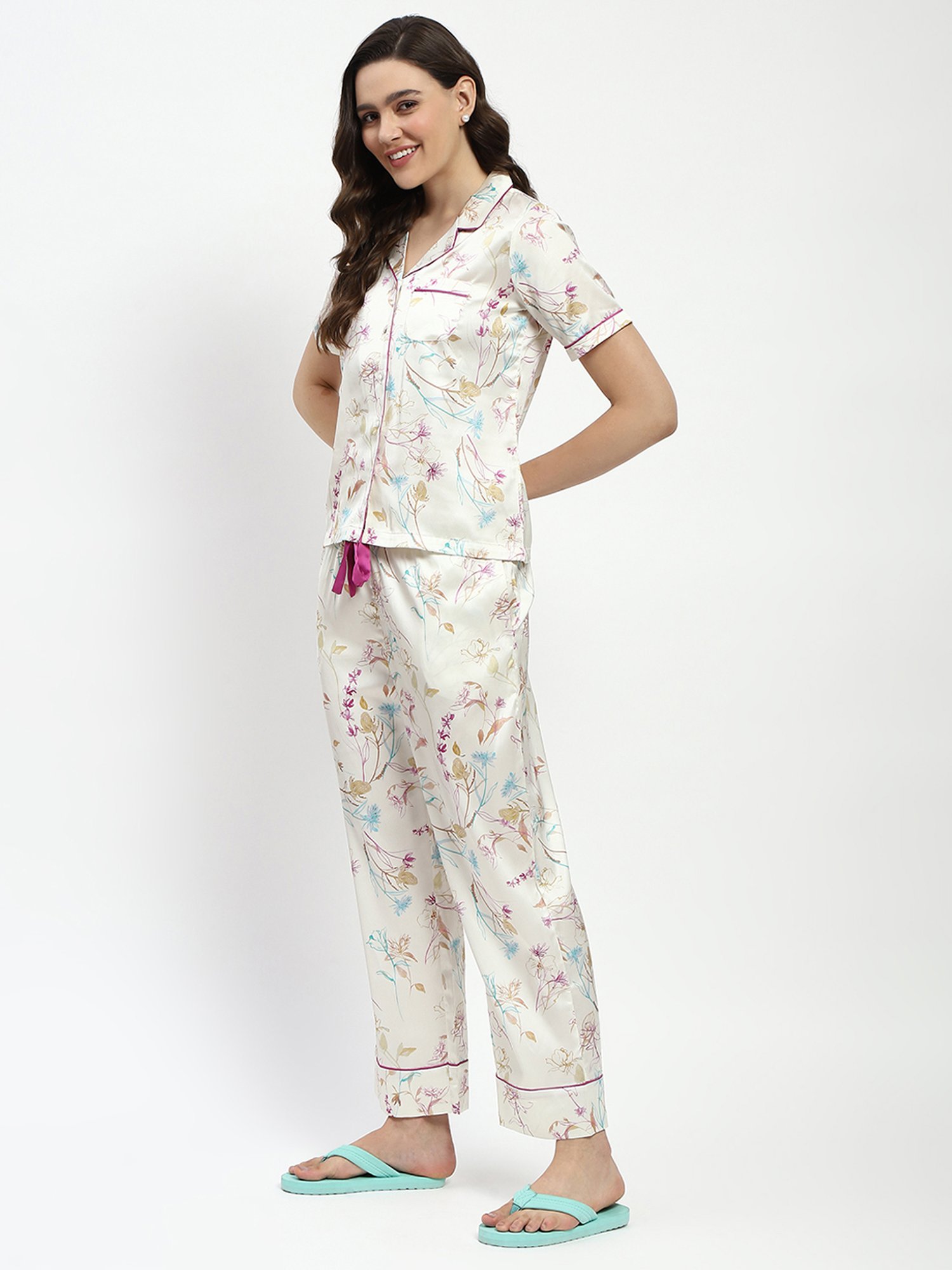 MADAME M Secret Off White Floral Print Shirt With Pyjamas