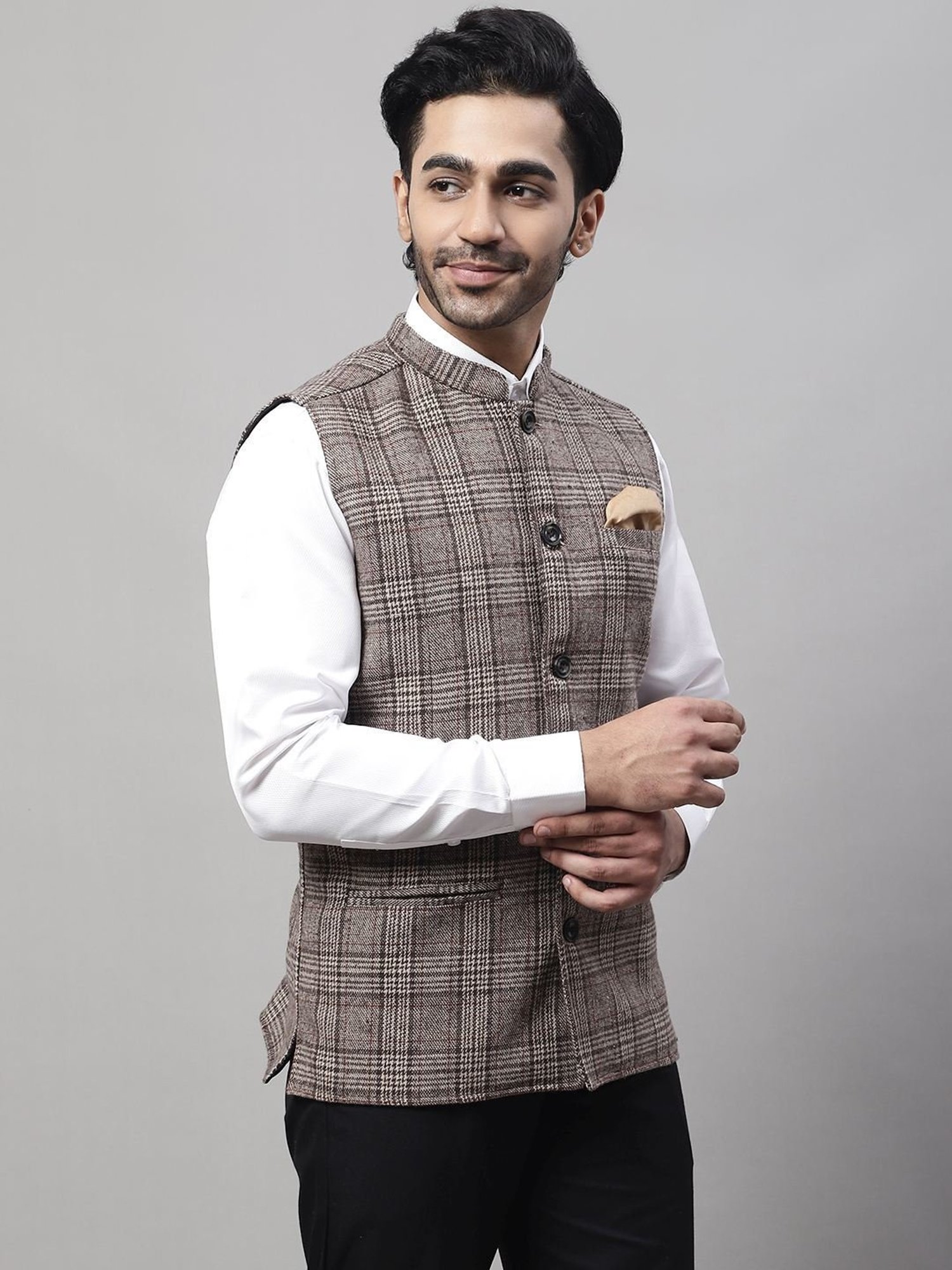 Even Beige Regular Fit Checks Nehru Jacket