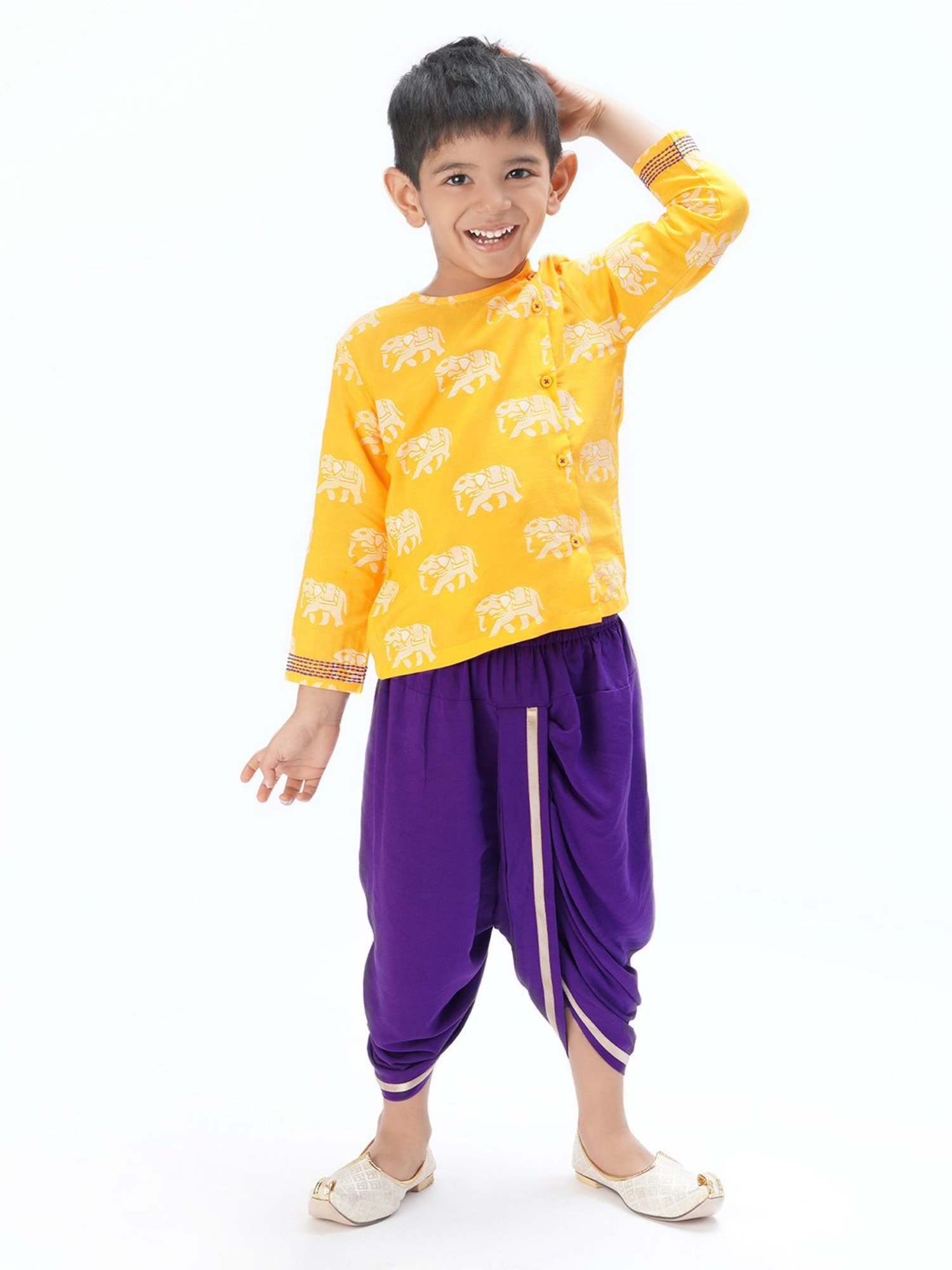 Lil Drama Kids Yellow & Purple Printed Full Sleeves Kurta with Dhoti