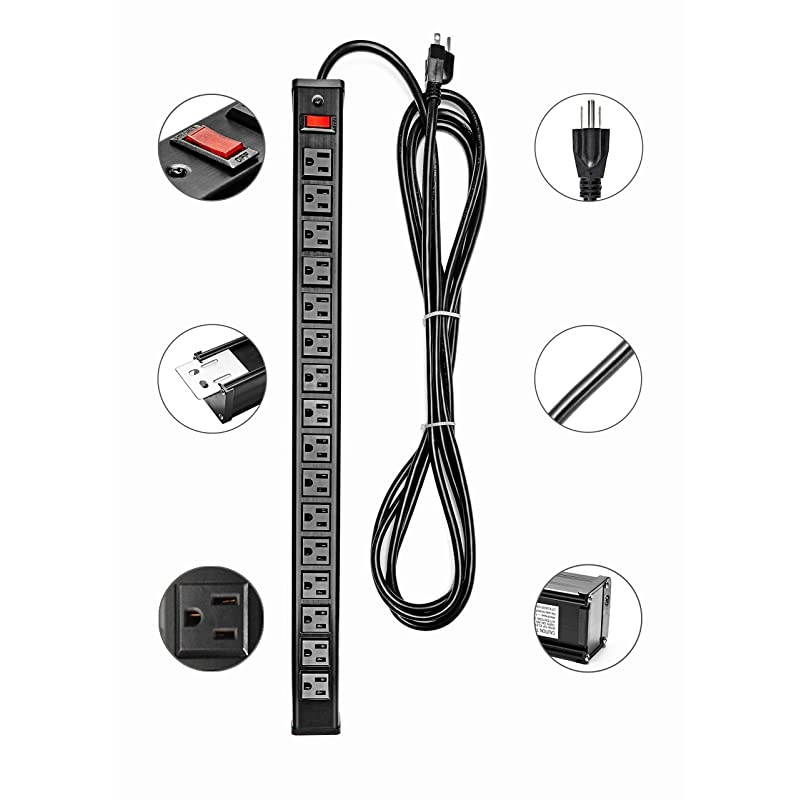 Protector Power Strip 16Outlet ETL Certified Heavy Duty Metal Power Socket with Circuit Breaker and 15 FT Long Cord for Commercial Industrial School and Home Black