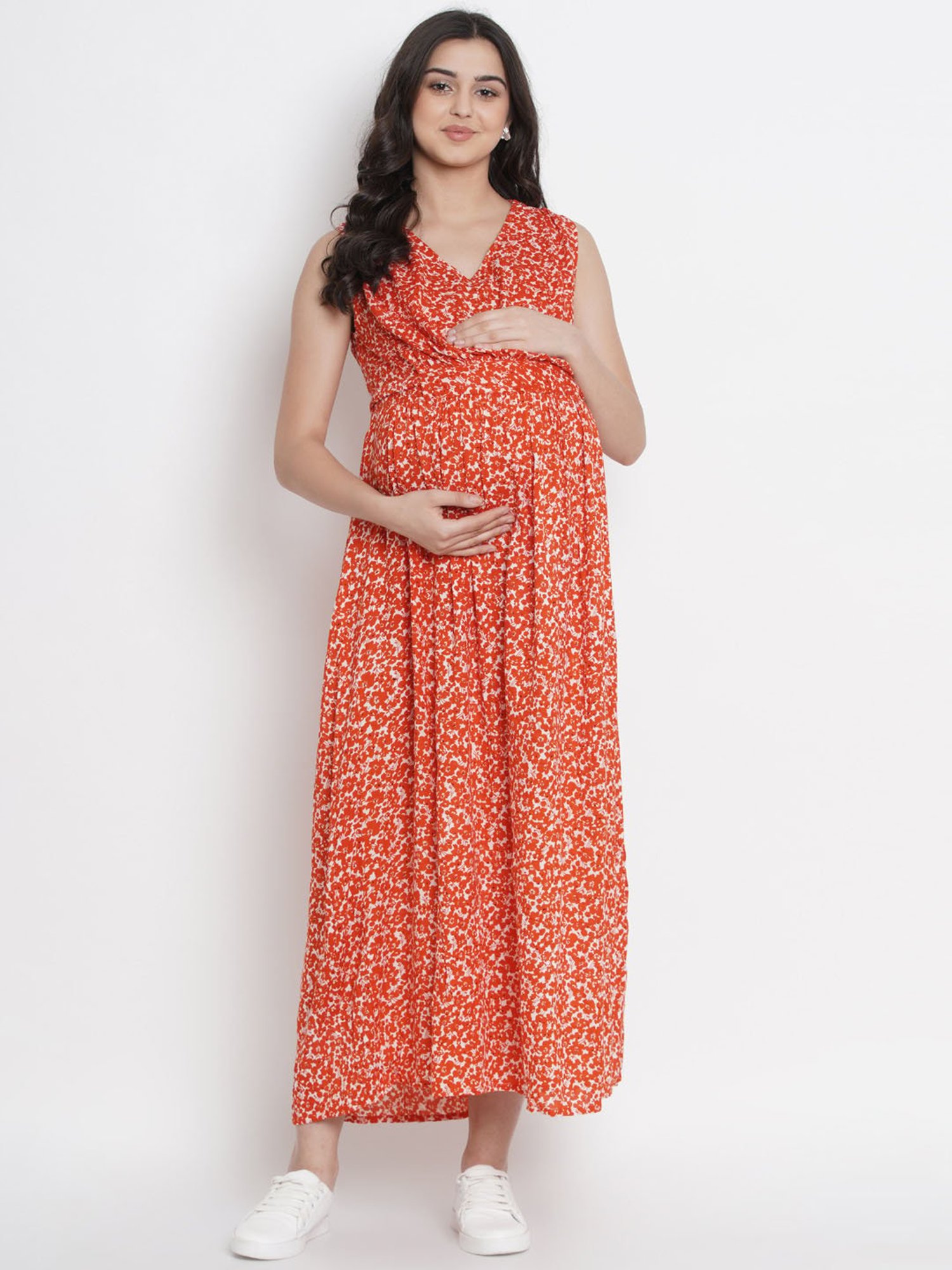 Mine4Nine Orange Floral Print Maternity Dress