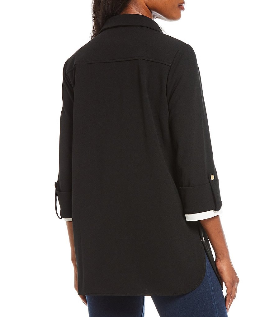 Ming Wang Deco Crepe 3/4 Sleeve Zip-Front Shirt Jacket