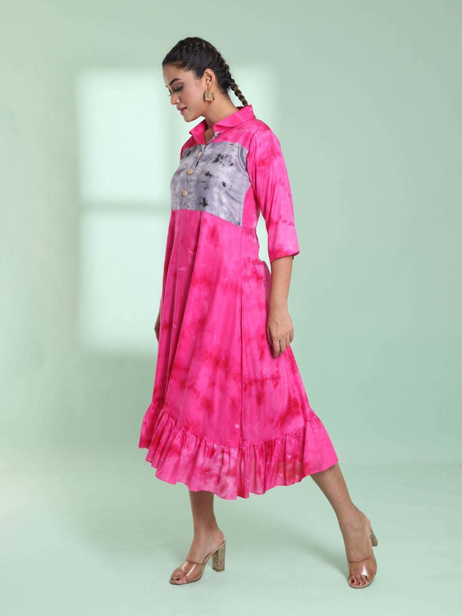 CHARUKRITI Pink & Grey Printed A-Line Dress